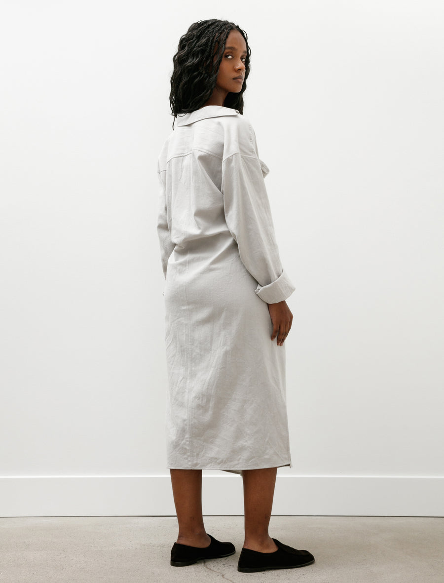 Drape Neck Shirt Dress Raw Cotton Silk Light Grey - Image 3