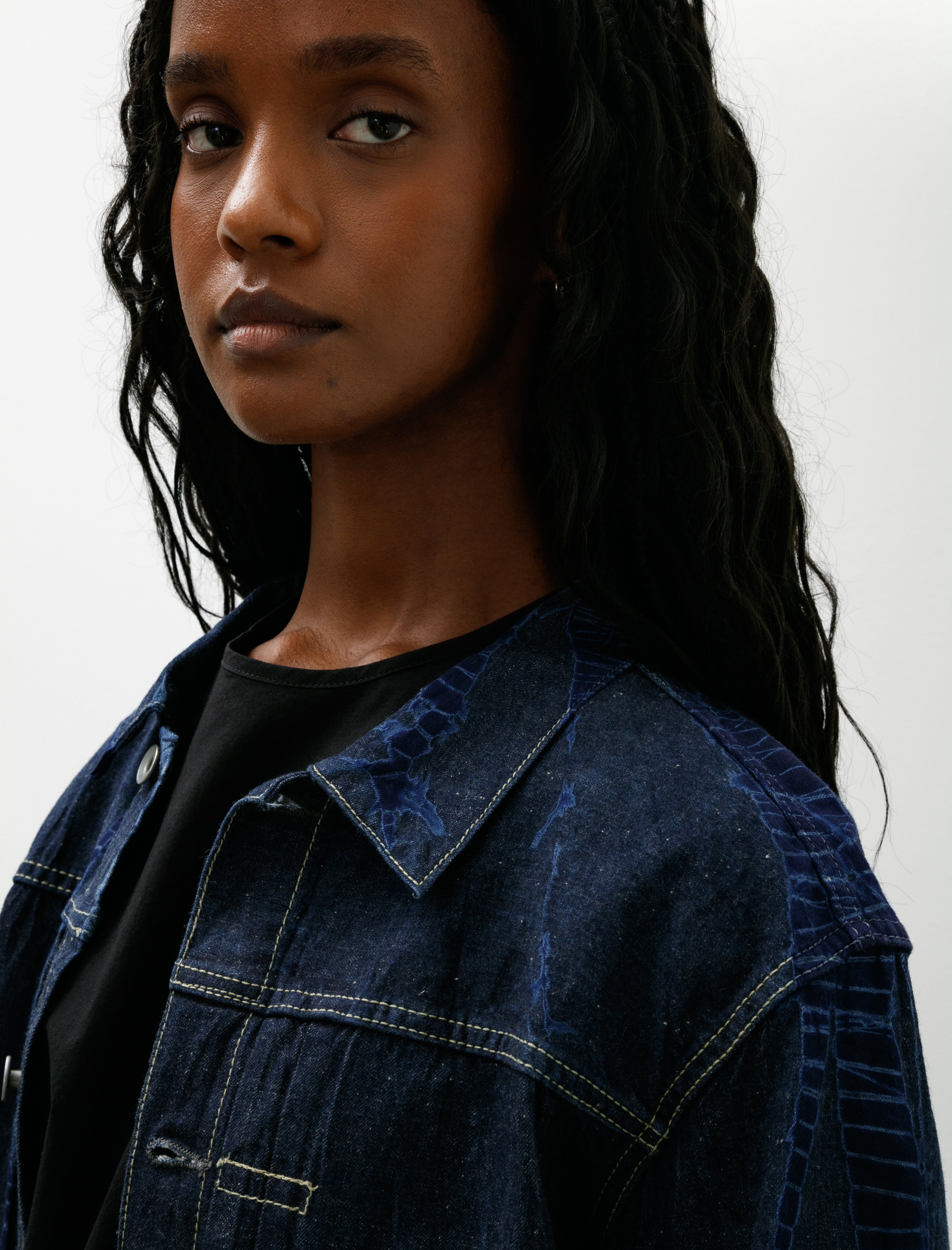 Suzusan Cotton Denim Jacket Tesuji Shibori Navy Indigo