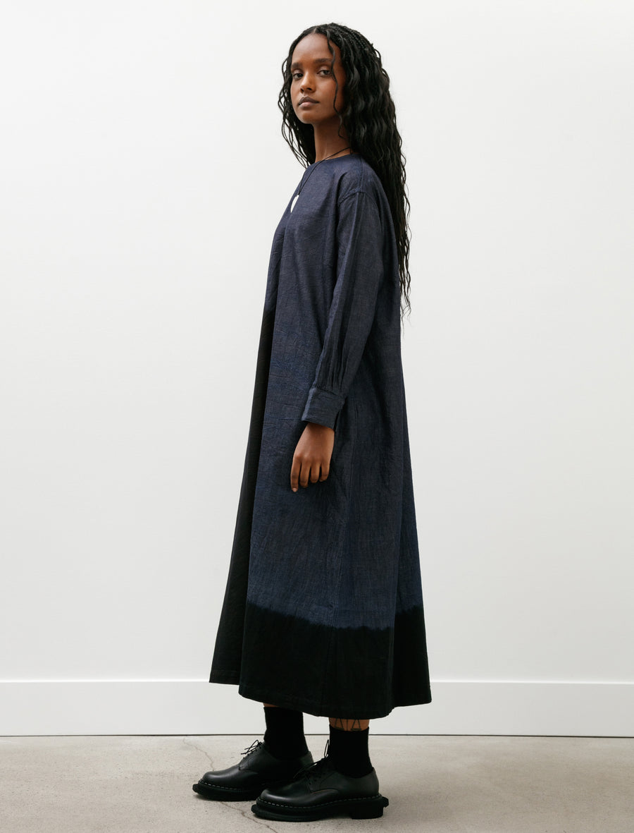 Pima Cotton Denim Wide Pullover Dress Boushi Shibori Black Indigo - Image 3