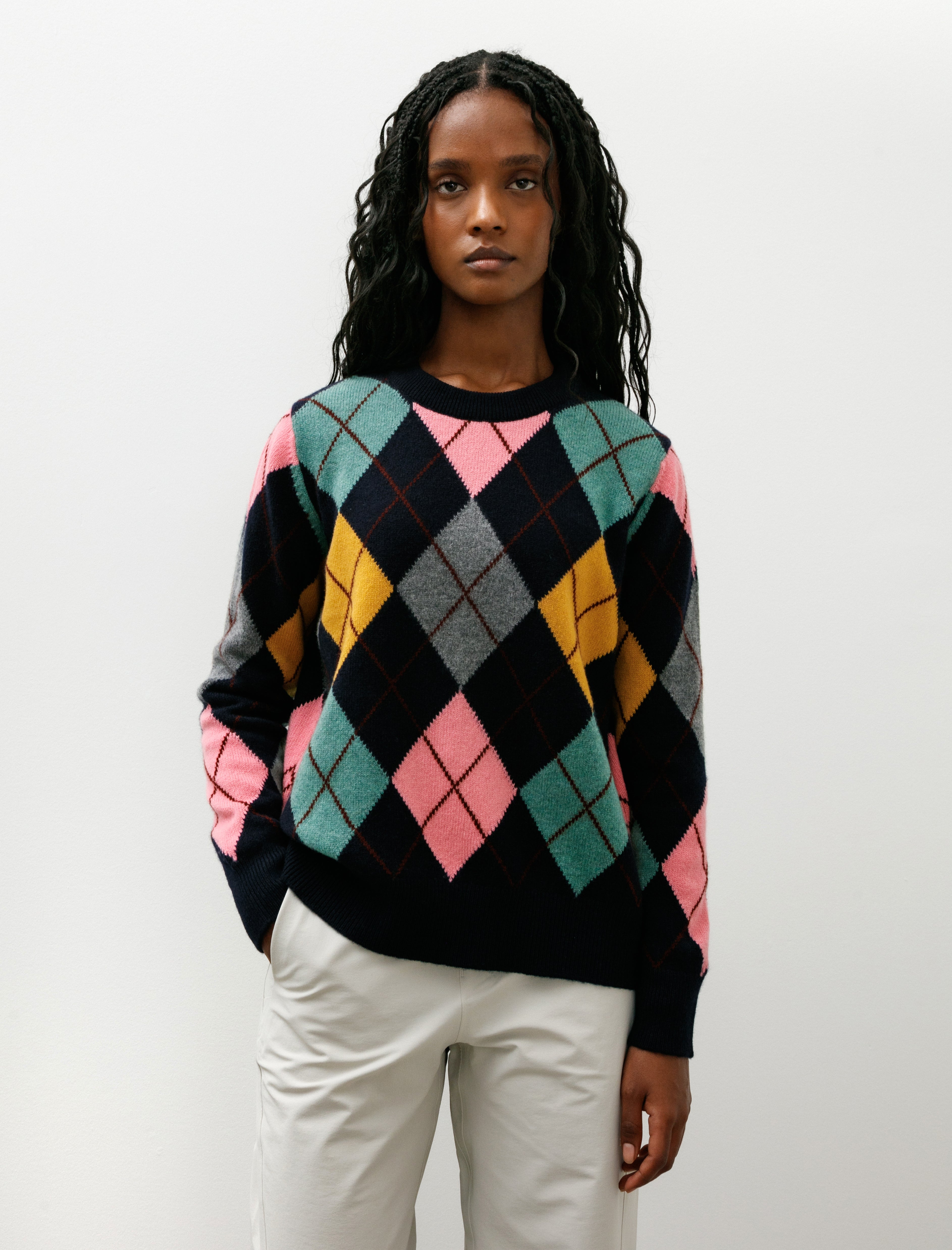 & Daughter Argyle Slouch Crewneck Navy with Pink