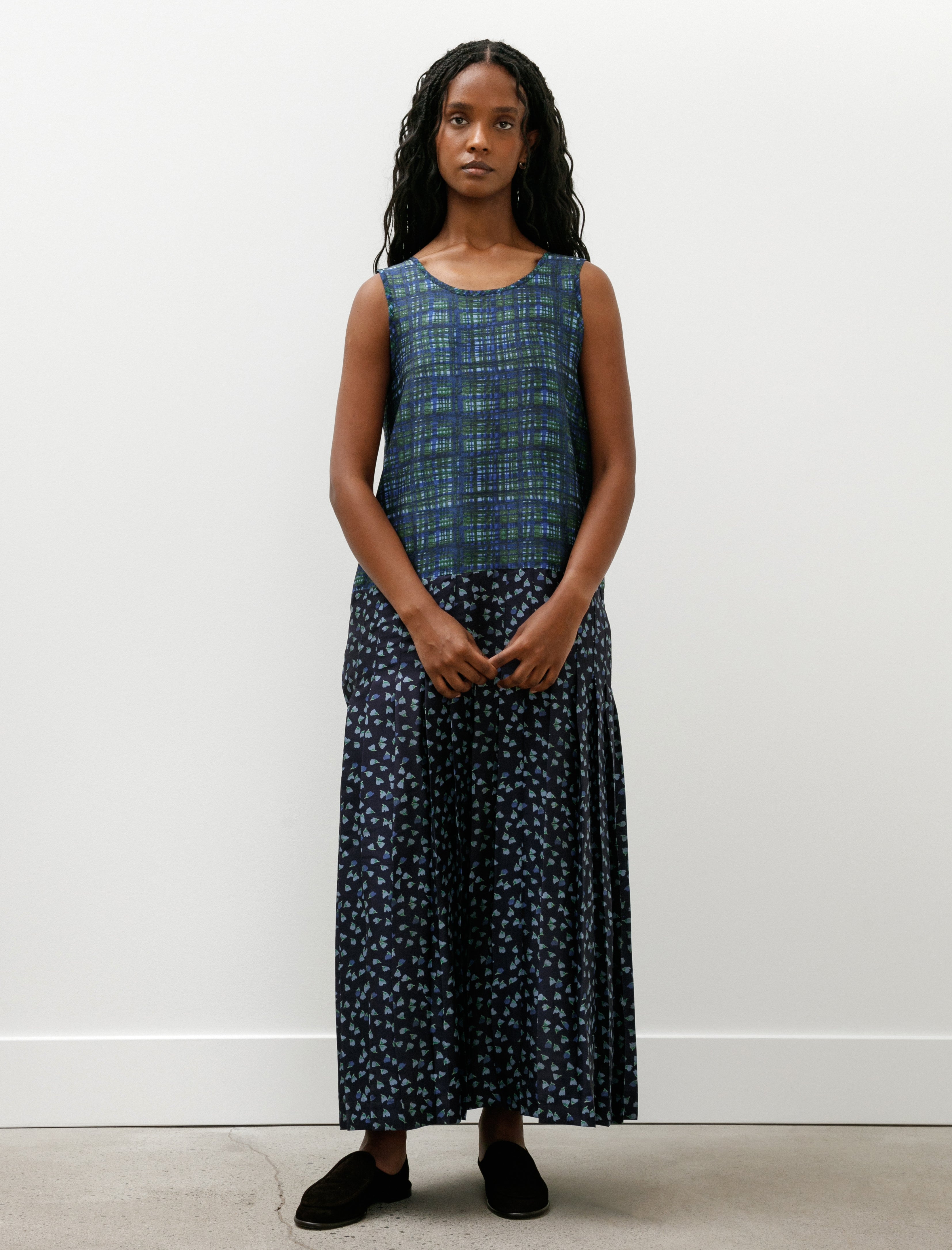 Cawley Printed Silk Dupion Isabella Dress Painterly Checks with Tulips