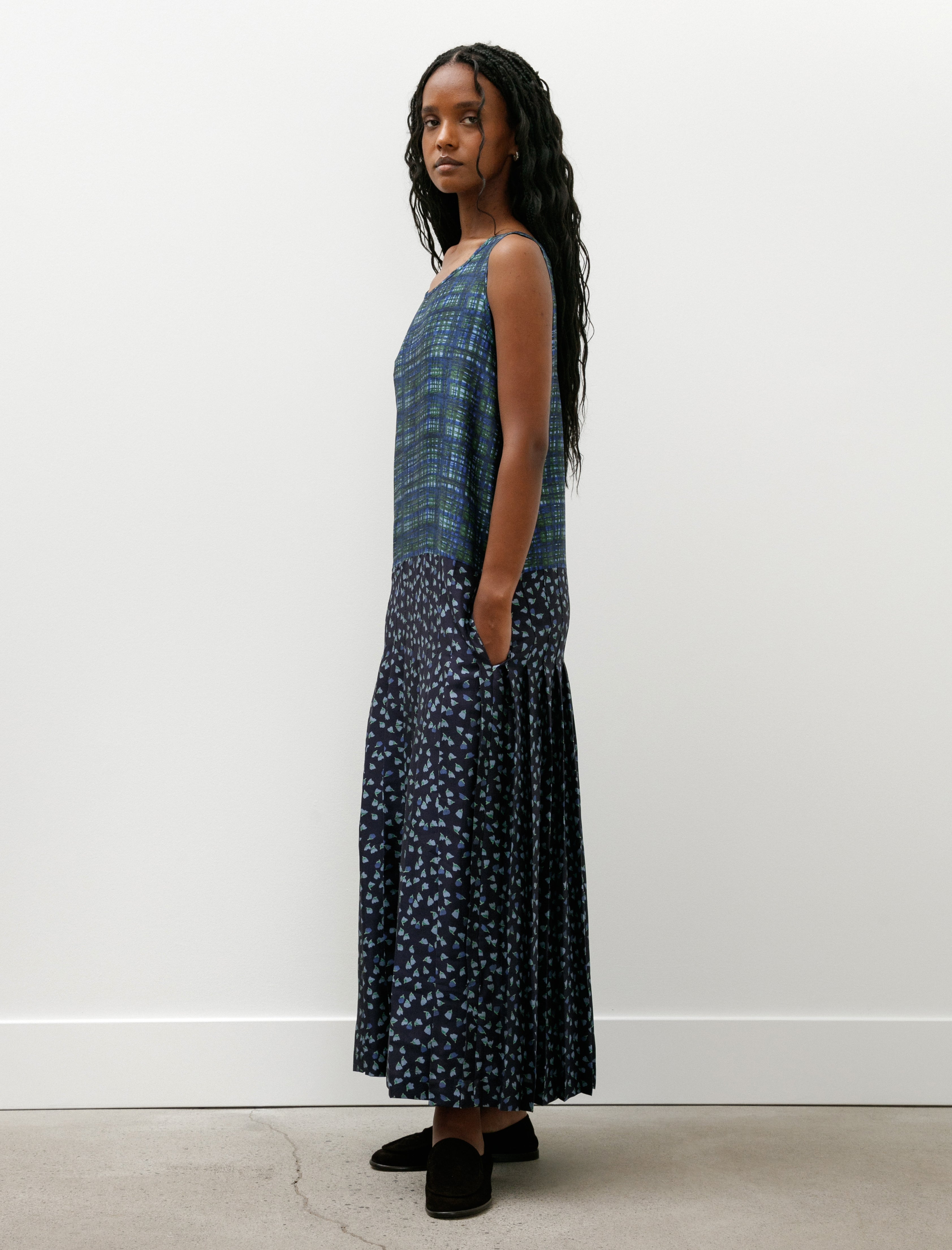 Cawley Printed Silk Dupion Isabella Dress Painterly Checks with Tulips