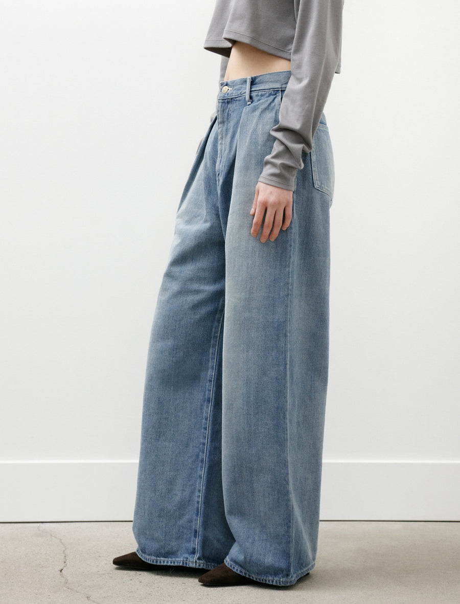 Selvedge Denim Two Tuck Wide Pants Indigo Light Fade - Image 5