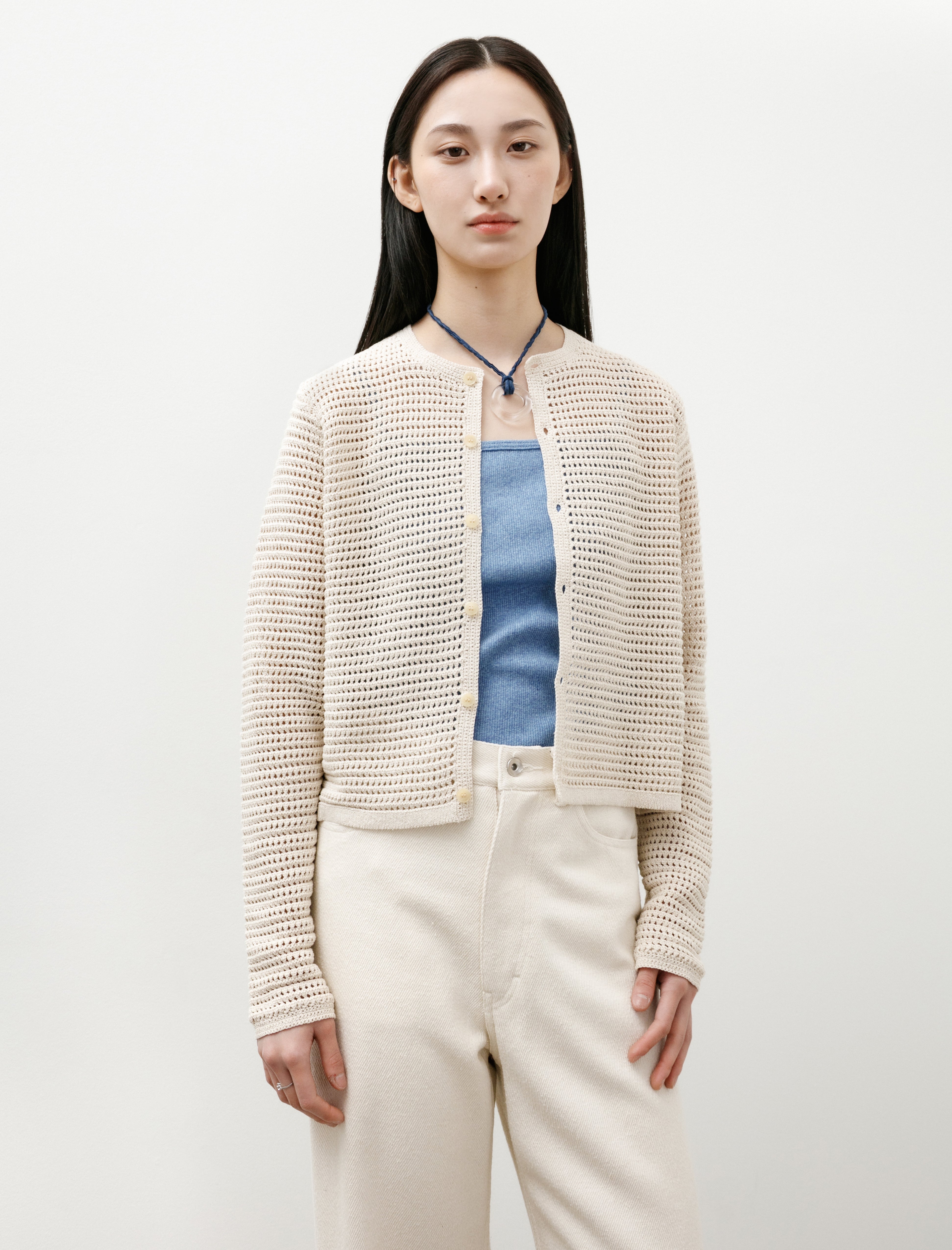 Auralee Tussah Silk Cotton Mesh Knit Cardigan Ivory