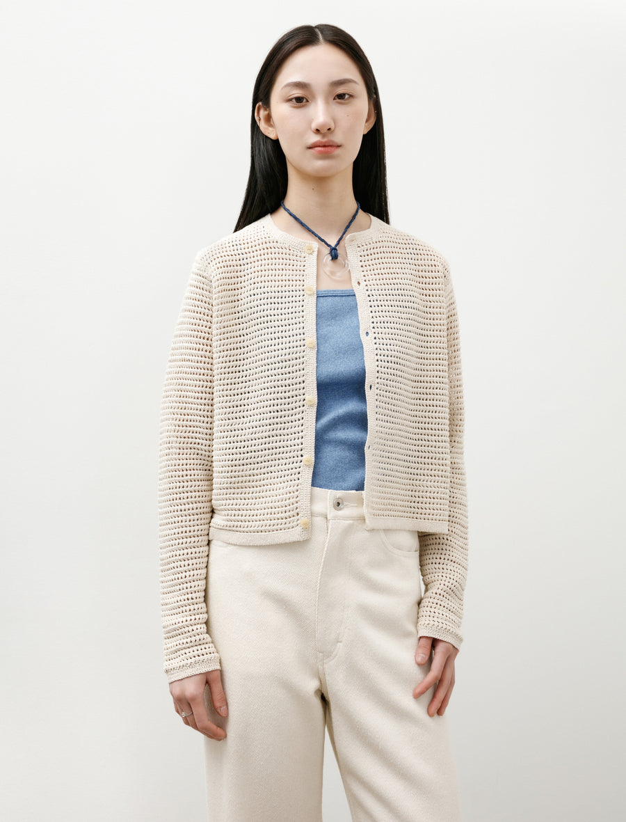 Tussah Silk Cotton Mesh Knit Cardigan Ivory - Image 1