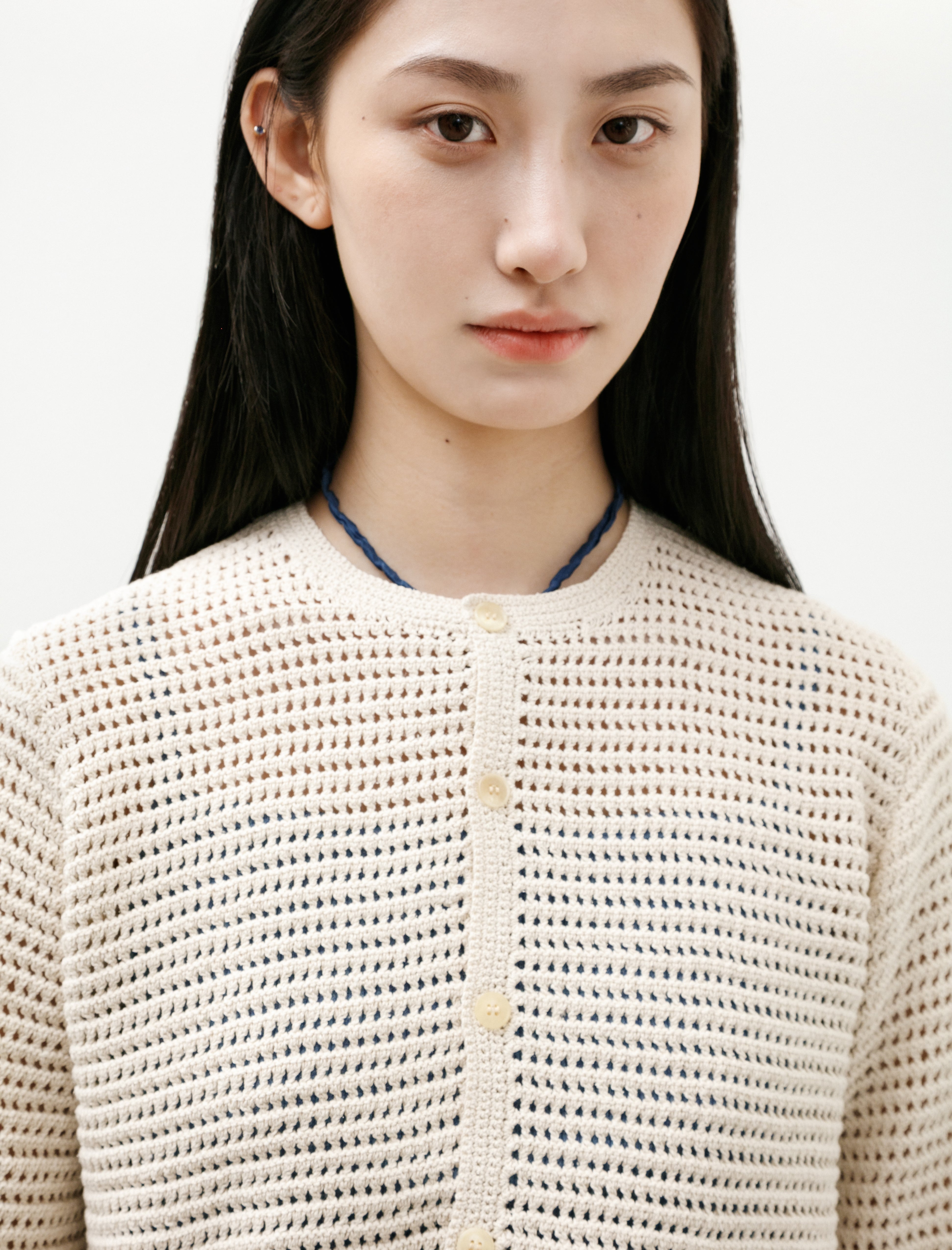 Auralee Tussah Silk Cotton Mesh Knit Cardigan Ivory