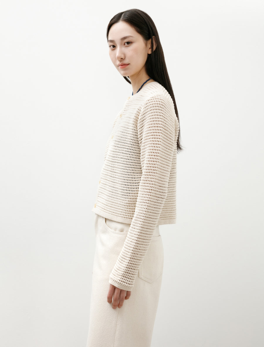 Tussah Silk Cotton Mesh Knit Cardigan Ivory - Image 4