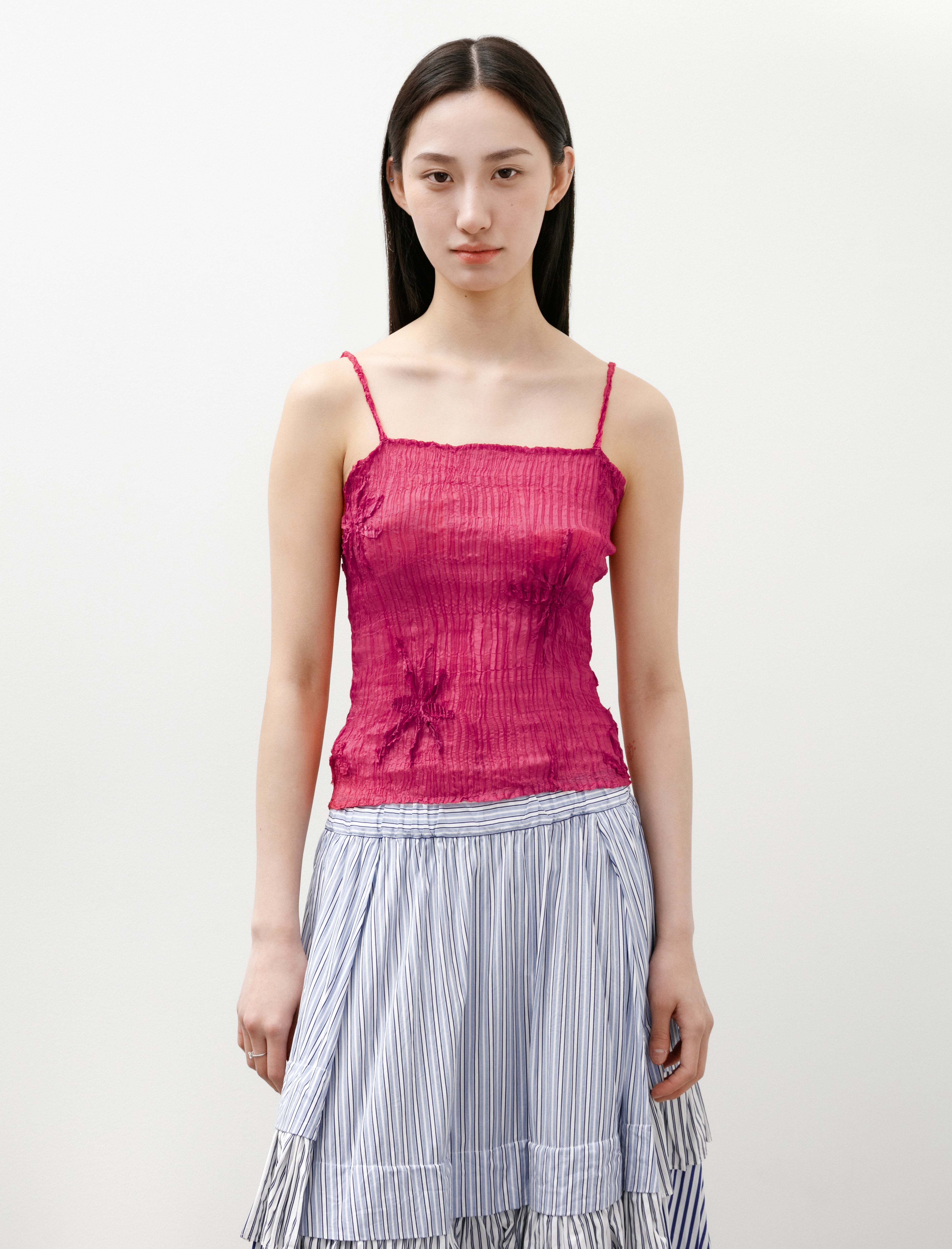 Azur Plissé Sheer Silk Appliqué Top Fuchsia