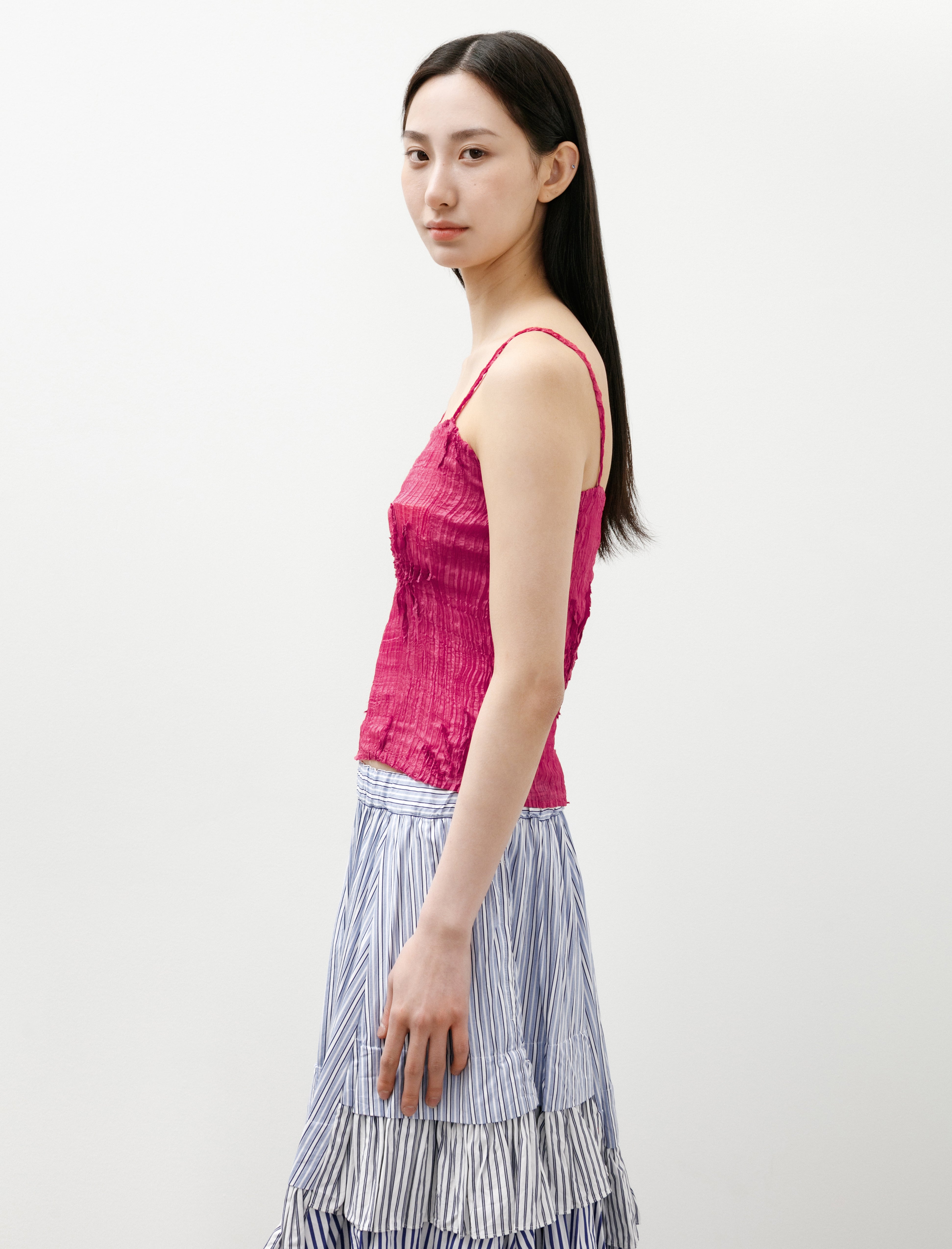 Azur Plissé Sheer Silk Appliqué Top Fuchsia