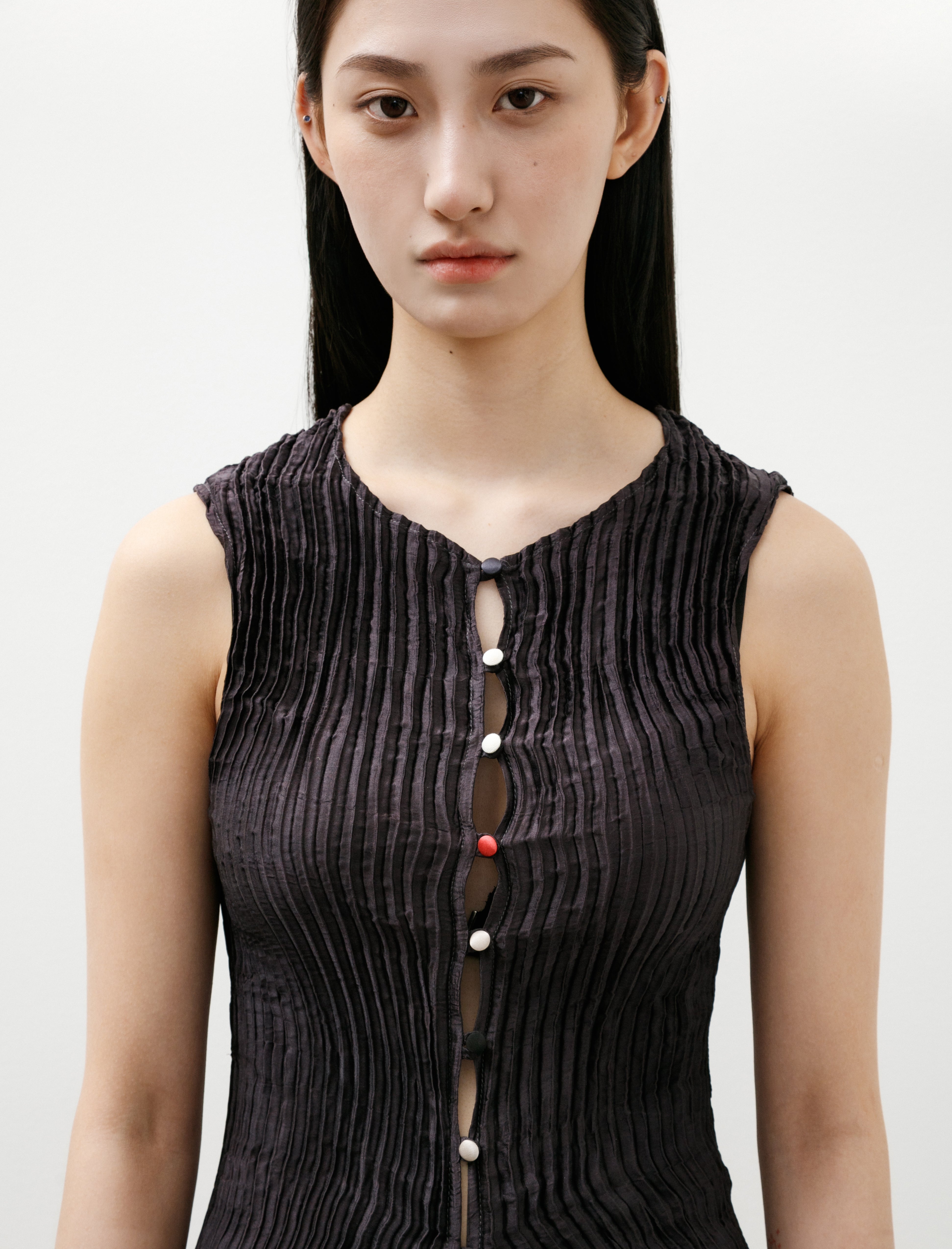 Azur Plissé Silk Buttoned Tank Short Dress Charcoal