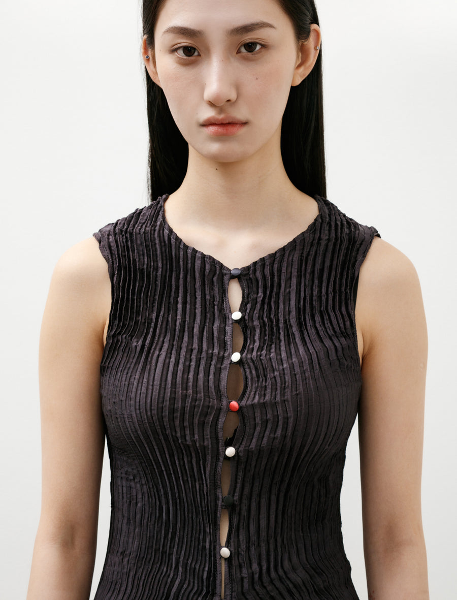 Plissé Silk Buttoned Tank Short Dress Charcoal - Image 2