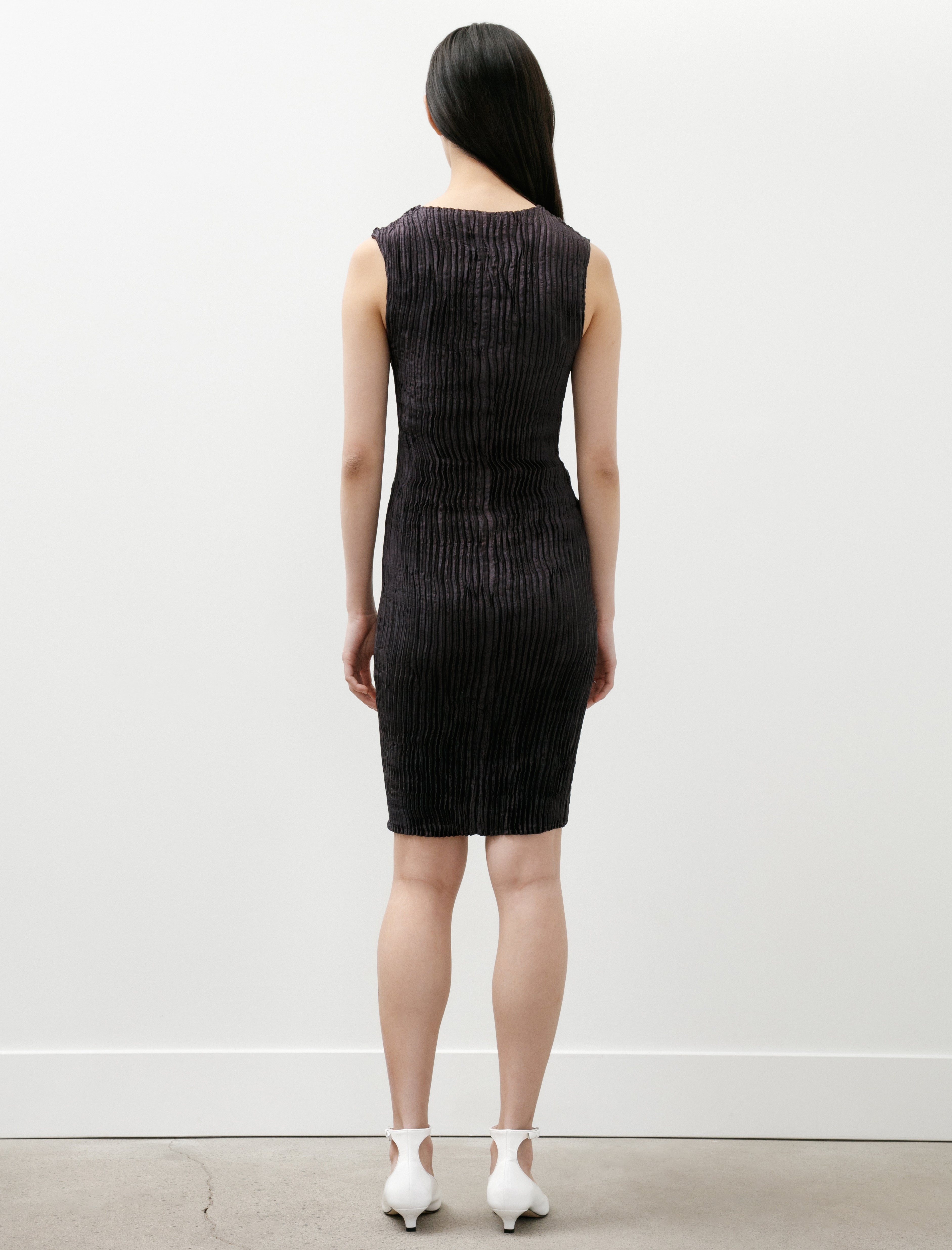 Azur Plissé Silk Buttoned Tank Short Dress Charcoal