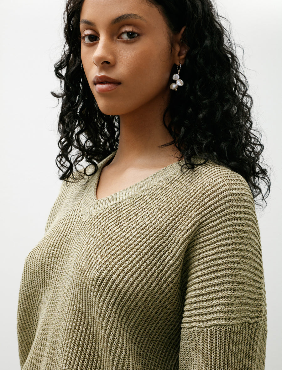 Ribbed V Neck Drop Shoulder Knit Light Khaki - Image 4