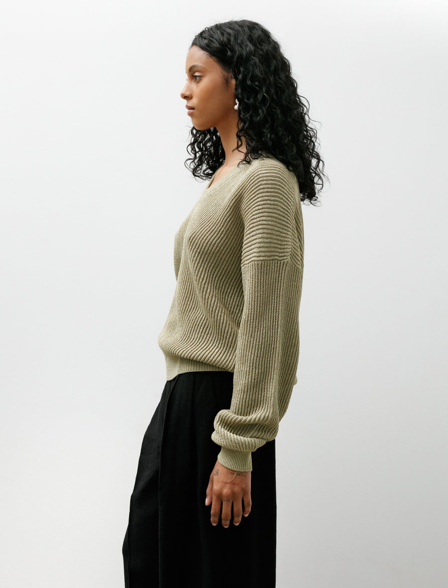 Ribbed V Neck Drop Shoulder Knit Light Khaki - Image 2