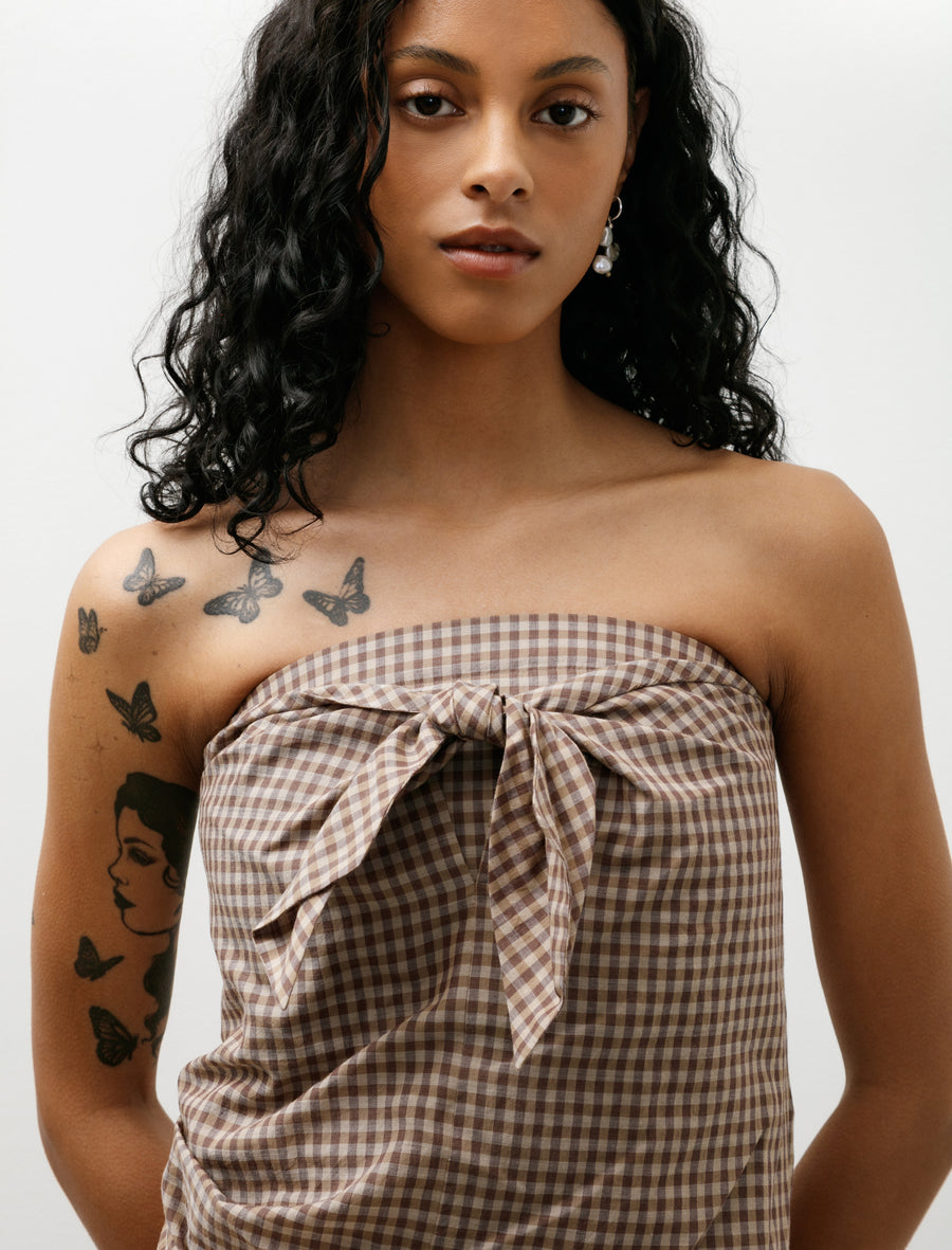 light brown gingham dress Auralee Airy Light Cotton Check Strapless Dress Brown Gingham Check –  Neighbour