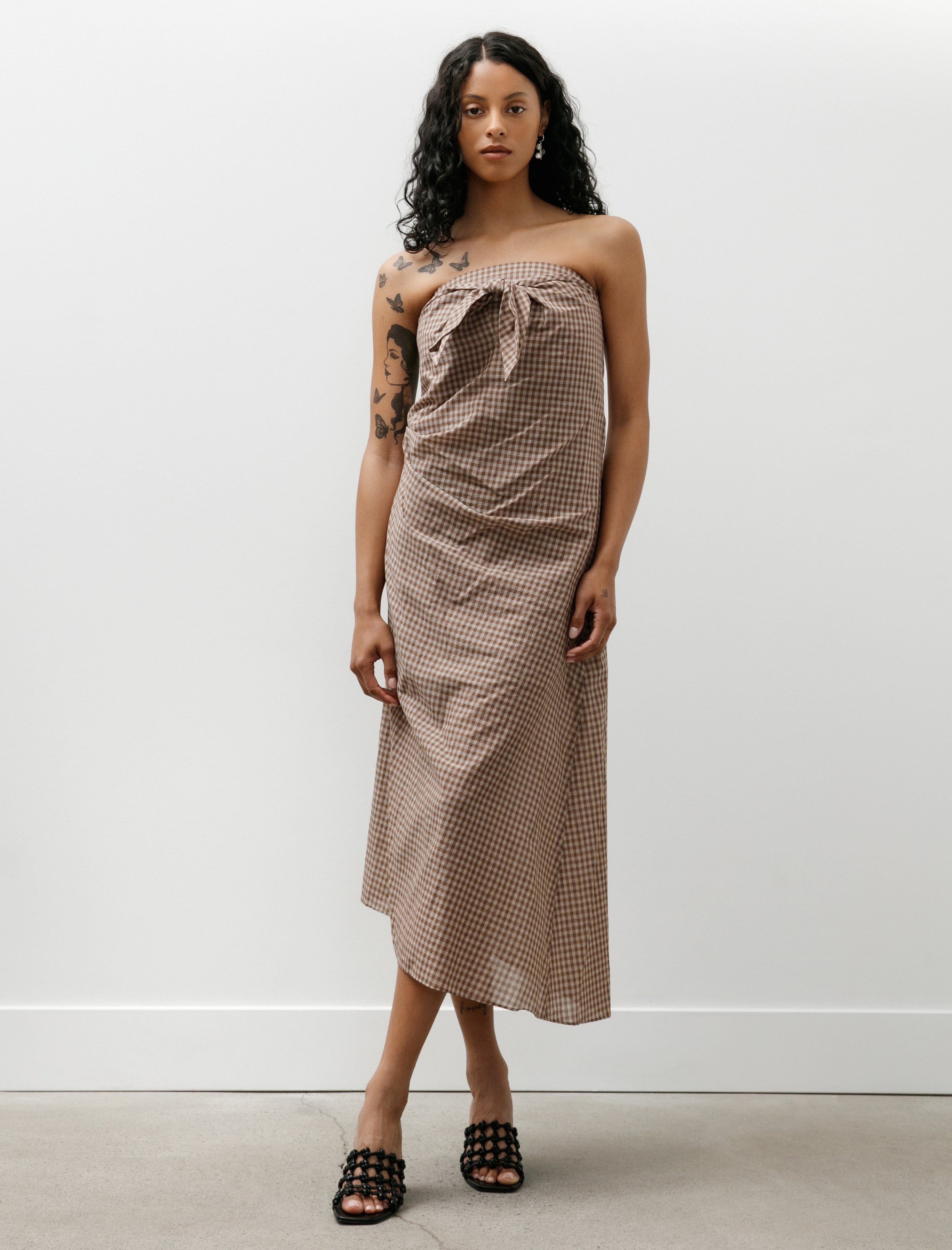 Auralee Airy Light Cotton Check Strapless Dress Brown Gingham