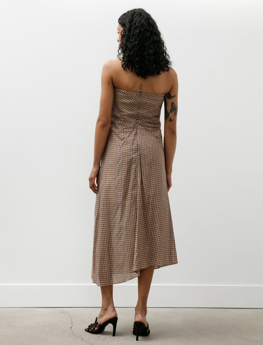 Airy Light Cotton Check Strapless Dress Brown Gingham Check
