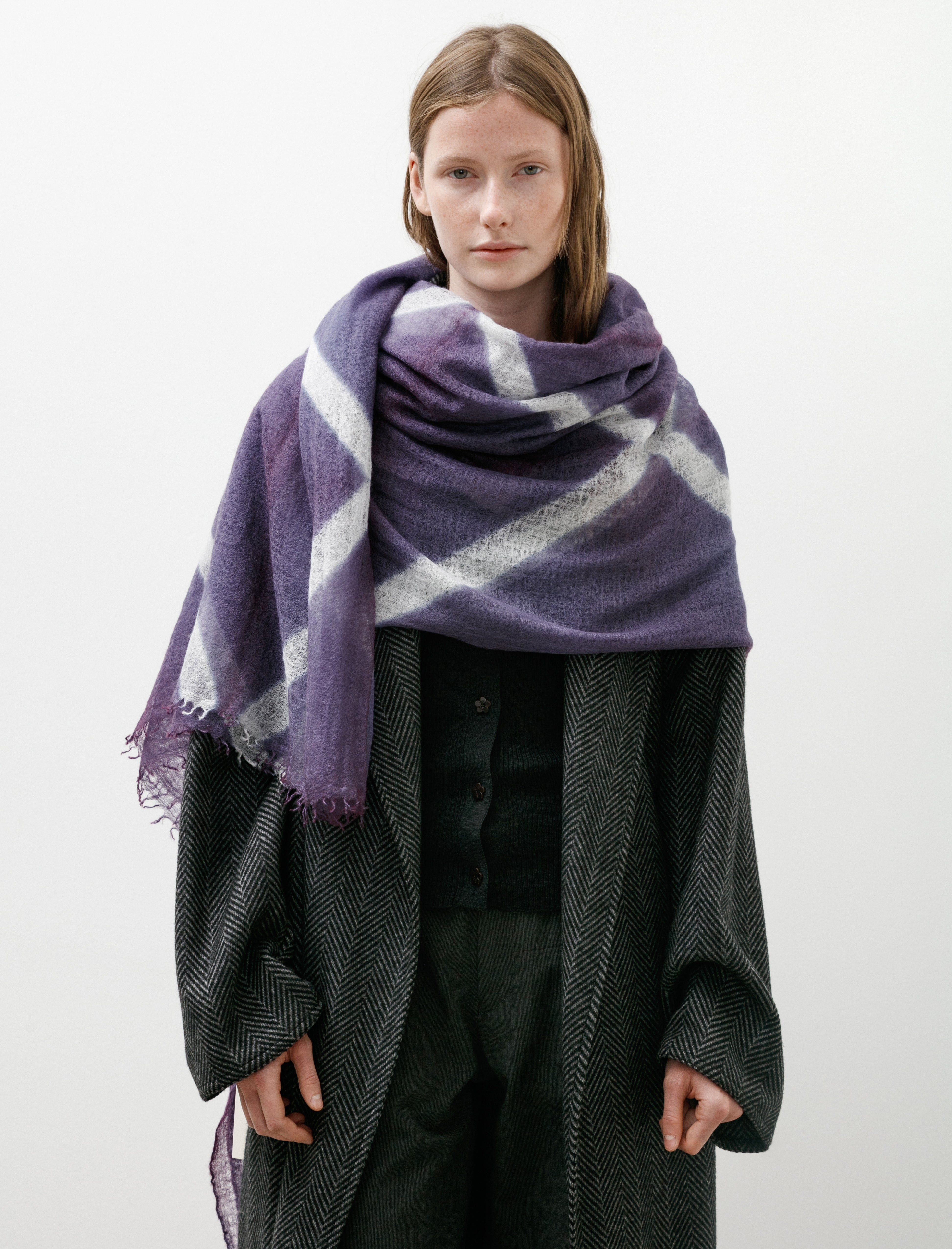 Suzusan Handwoven Featherweight Cashmere Shawl Itajime X Purple/Light Grey