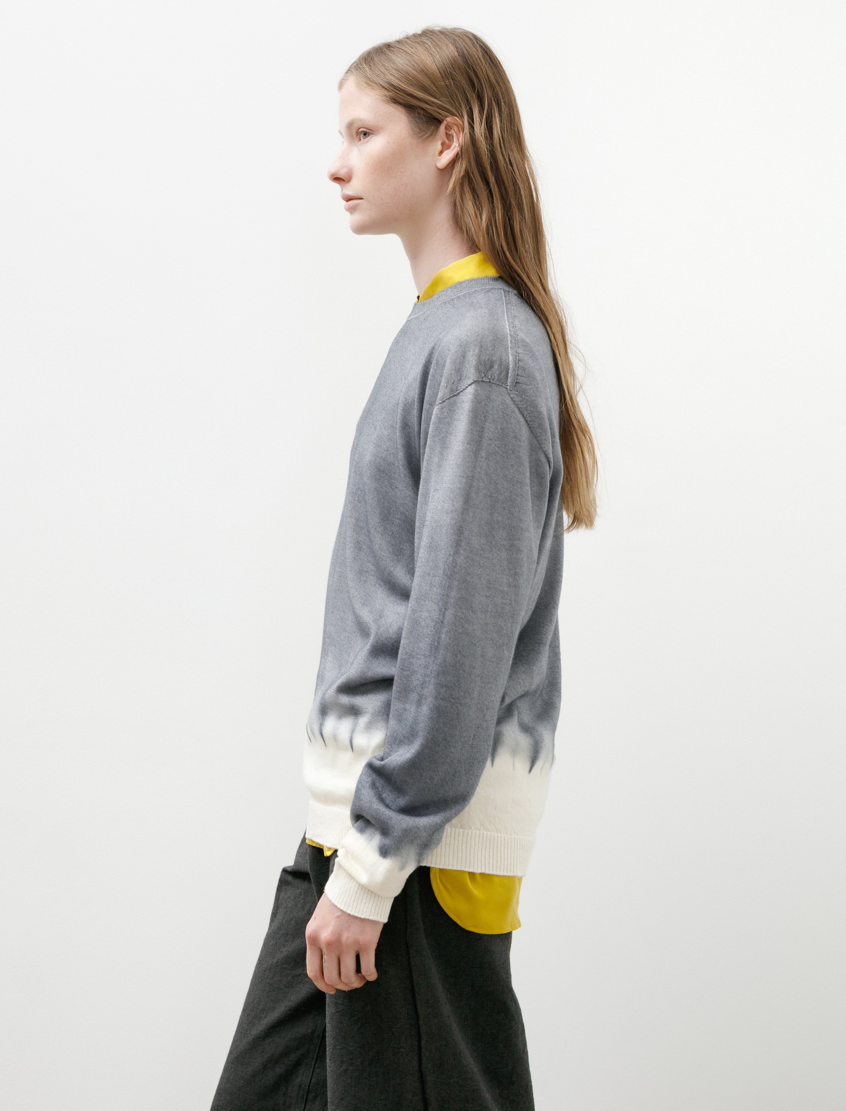 Suzusan Washable Merino Wool Crewneck Boushi Somewake Shibori Silver/Natural