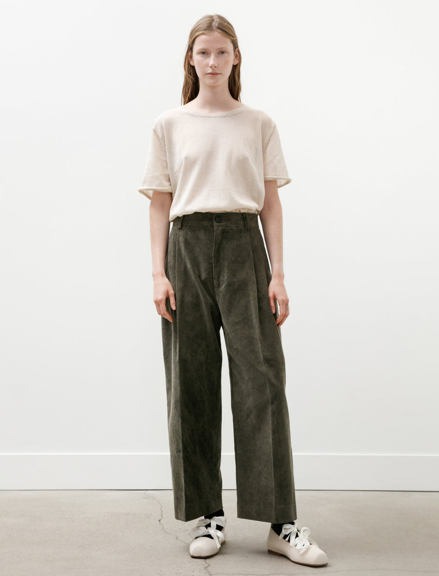 Double Pleated Cropped Corduroy Trousers Washed Khaki - Image 1