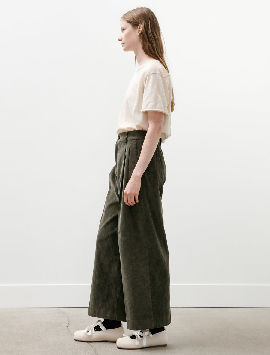 Double Pleated Cropped Corduroy Trousers Washed Khaki - Image 3