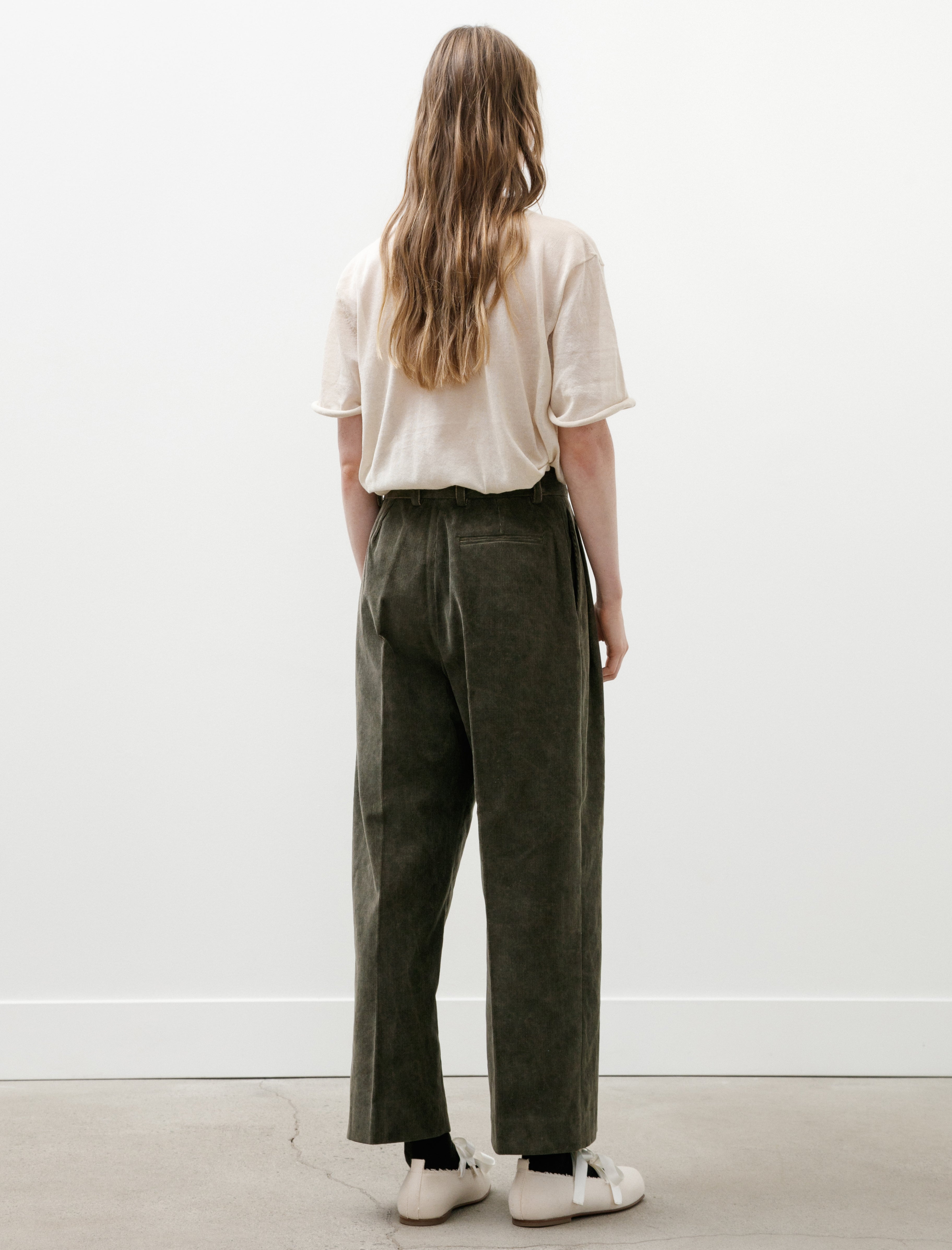 Cristaseya Double Pleated Cropped Corduroy Trousers Washed Khaki
