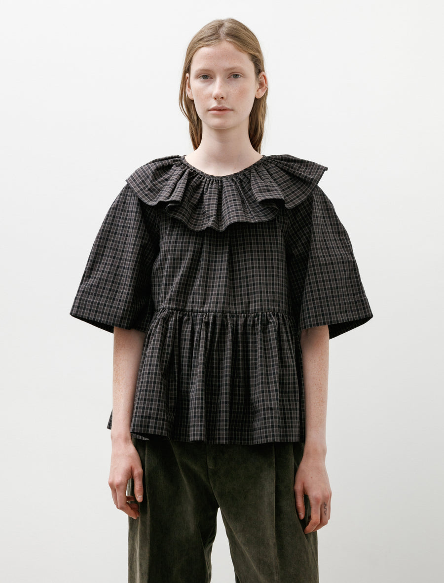 Japanese Cotton Check Washer Delilah Frill Top Ink/Smoke Check - Image 1
