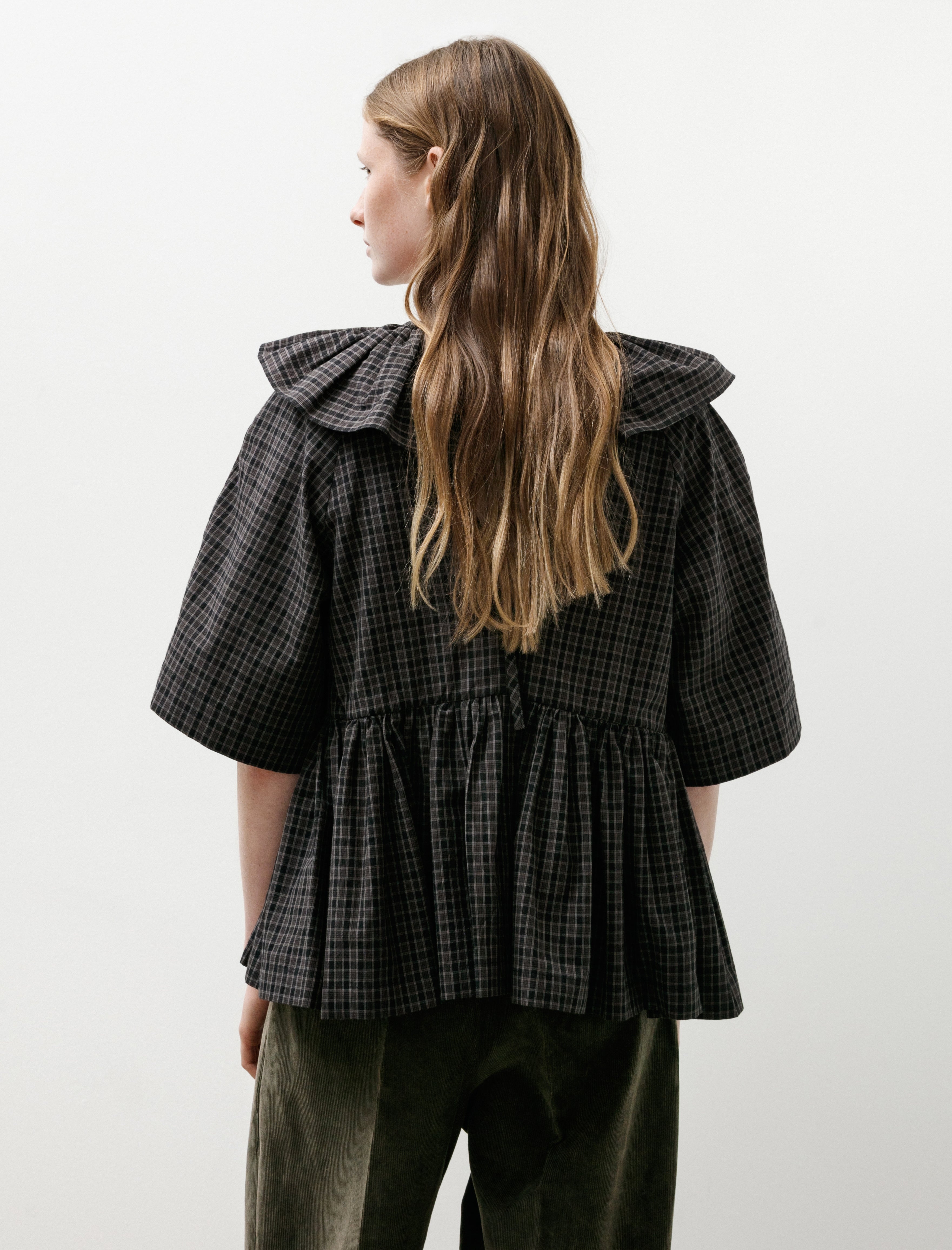 Cawley Japanese Cotton Check Washer Delilah Frill Top Ink/Smoke Check
