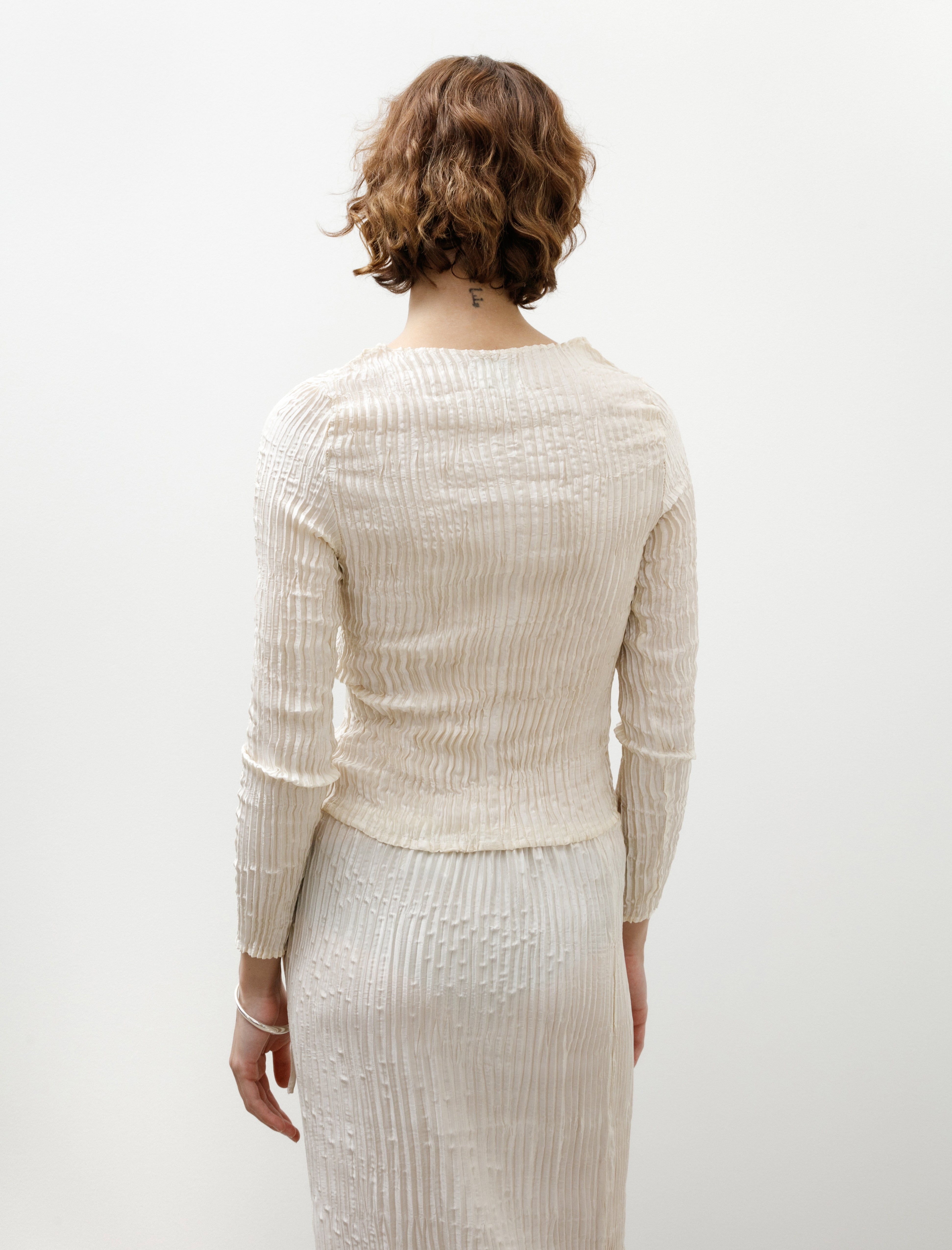 Azur Plissé Satin Silk Cardigan Off White