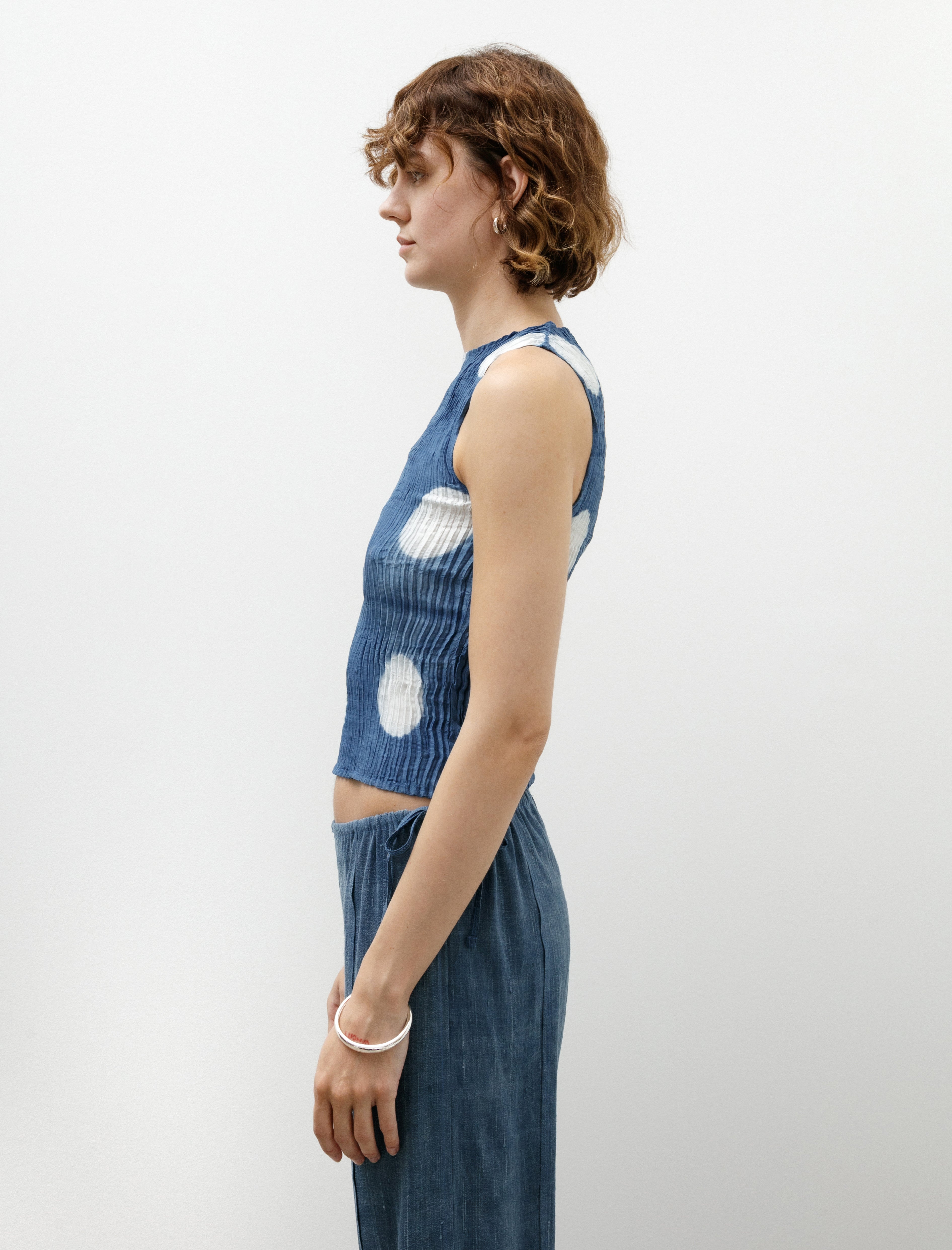Azur Plissé Satin Itajime Tank Top Indigo