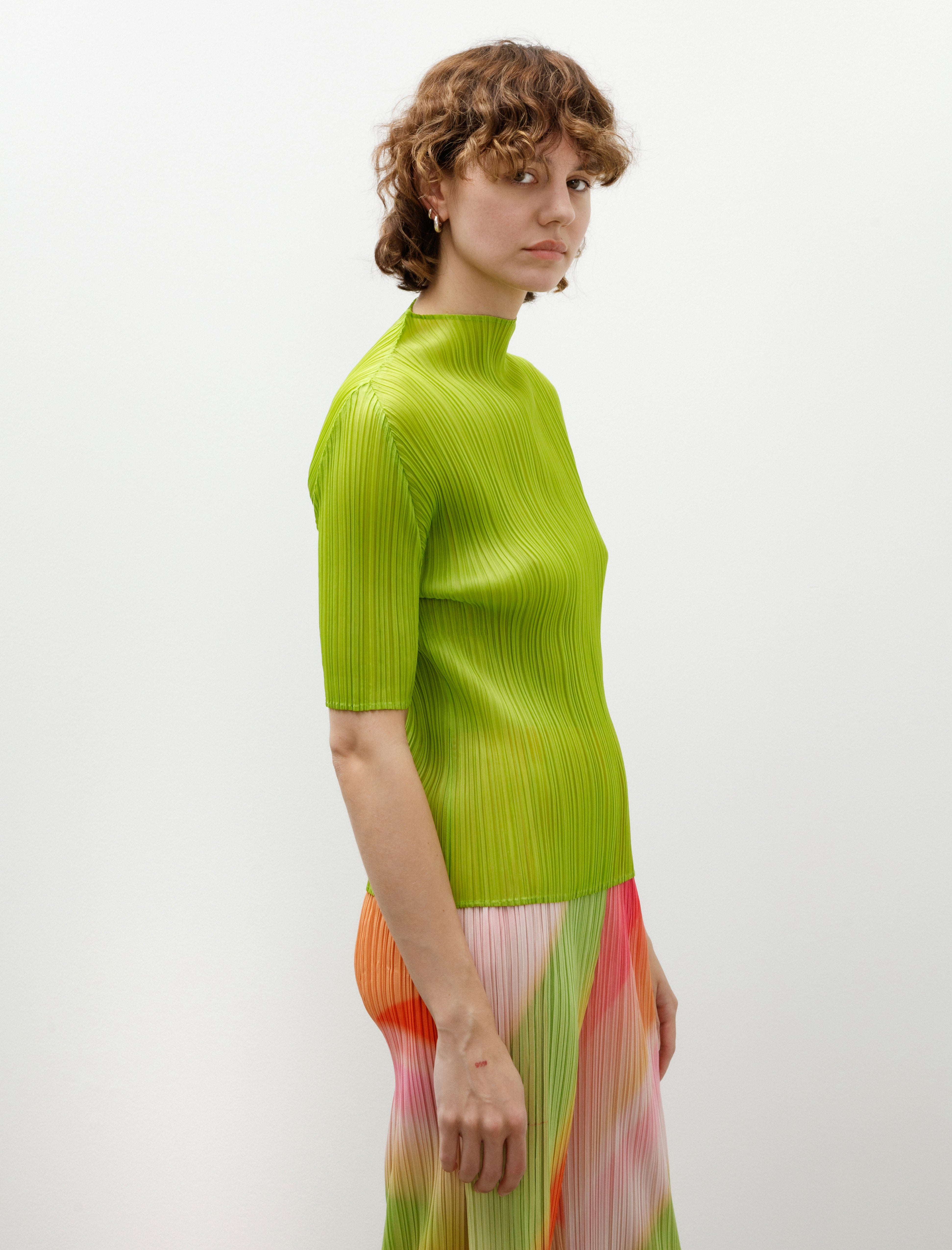 Pleats Please by Issey Miyake Lucid Pleats Mockneck Yellow Green