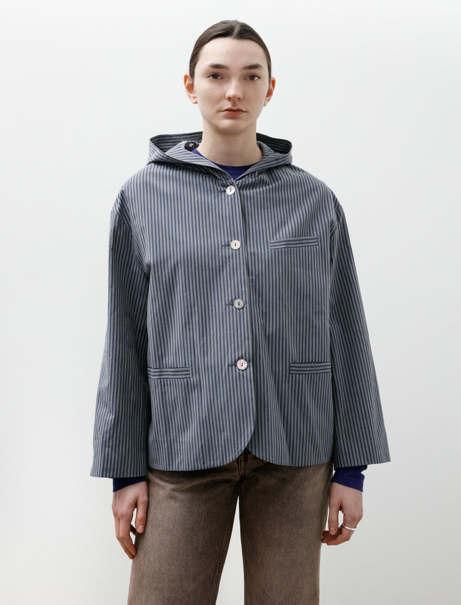 Japanese Typewriter Cotton Rory Hooded Shirt Navy/Camel Stripe - Image 1