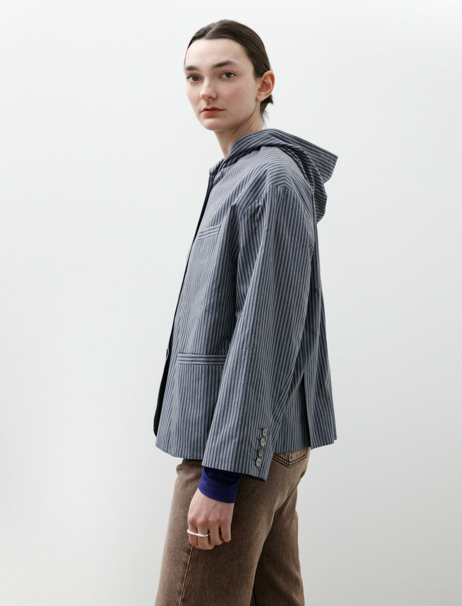 Japanese Typewriter Cotton Rory Hooded Shirt Navy/Camel Stripe - Image 3