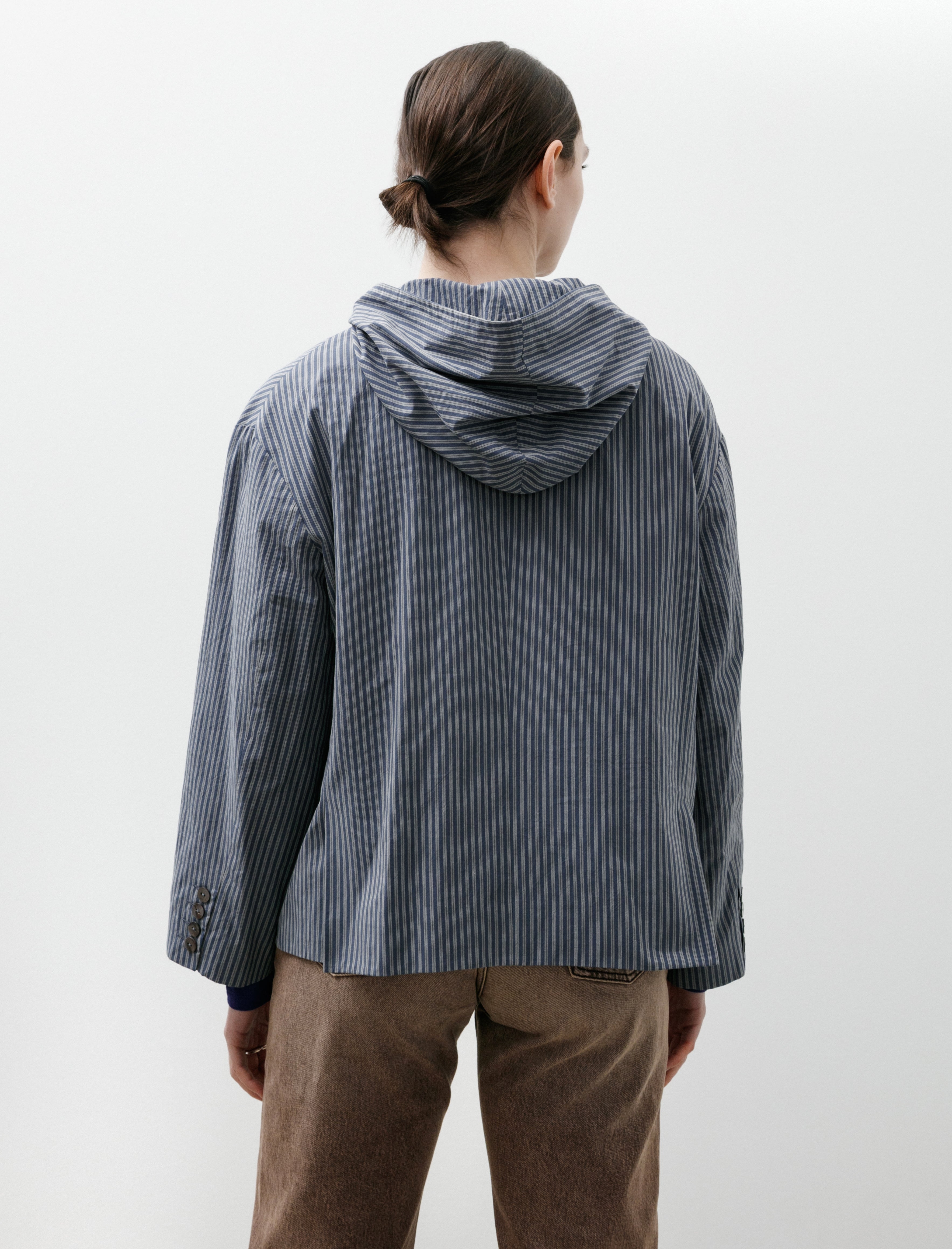 Cawley Japanese Typewriter Cotton Rory Hooded Shirt Navy/Camel Stripe