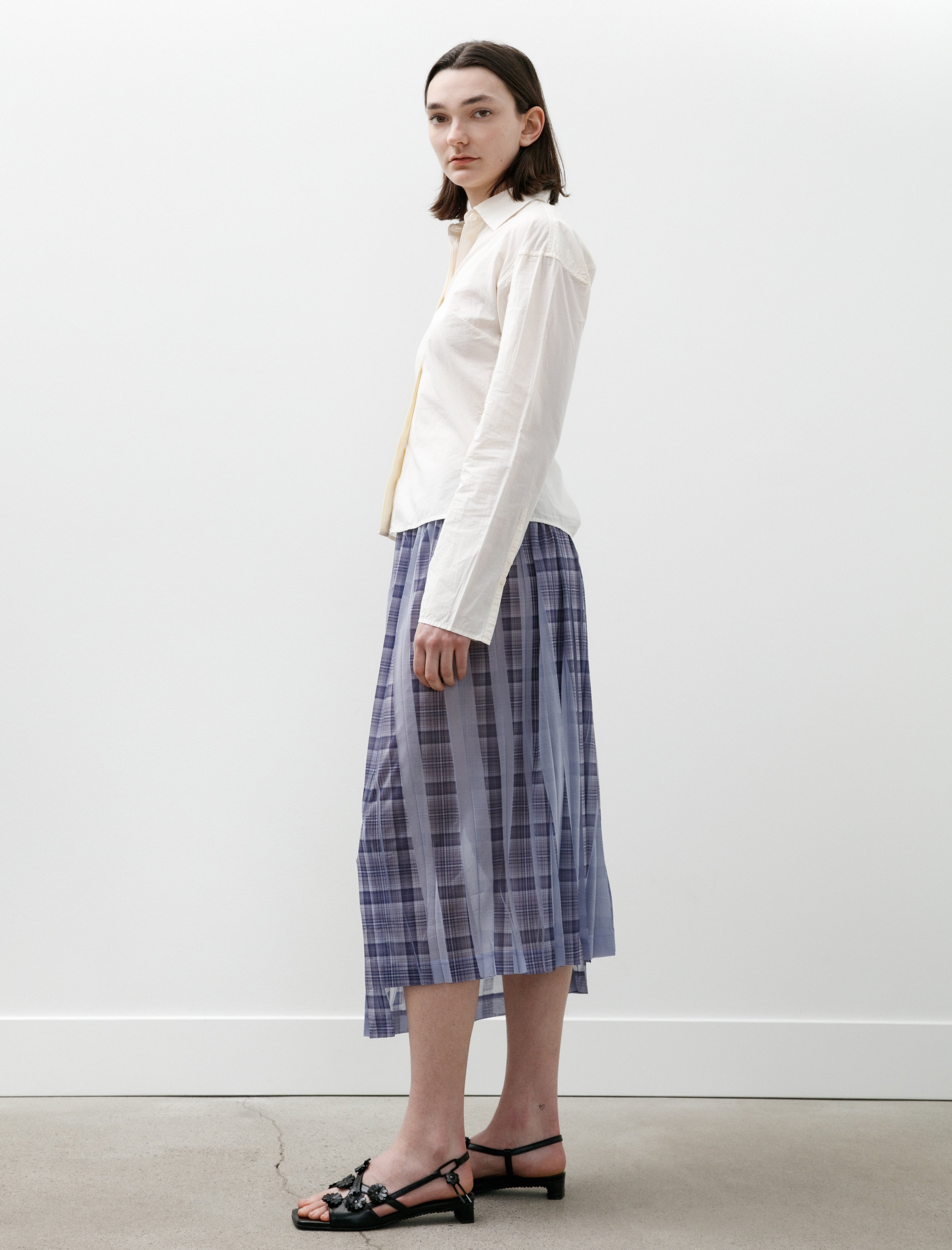 Y's by Yohji Yamamoto Pleat Printed Plaid Skirt Light Blue