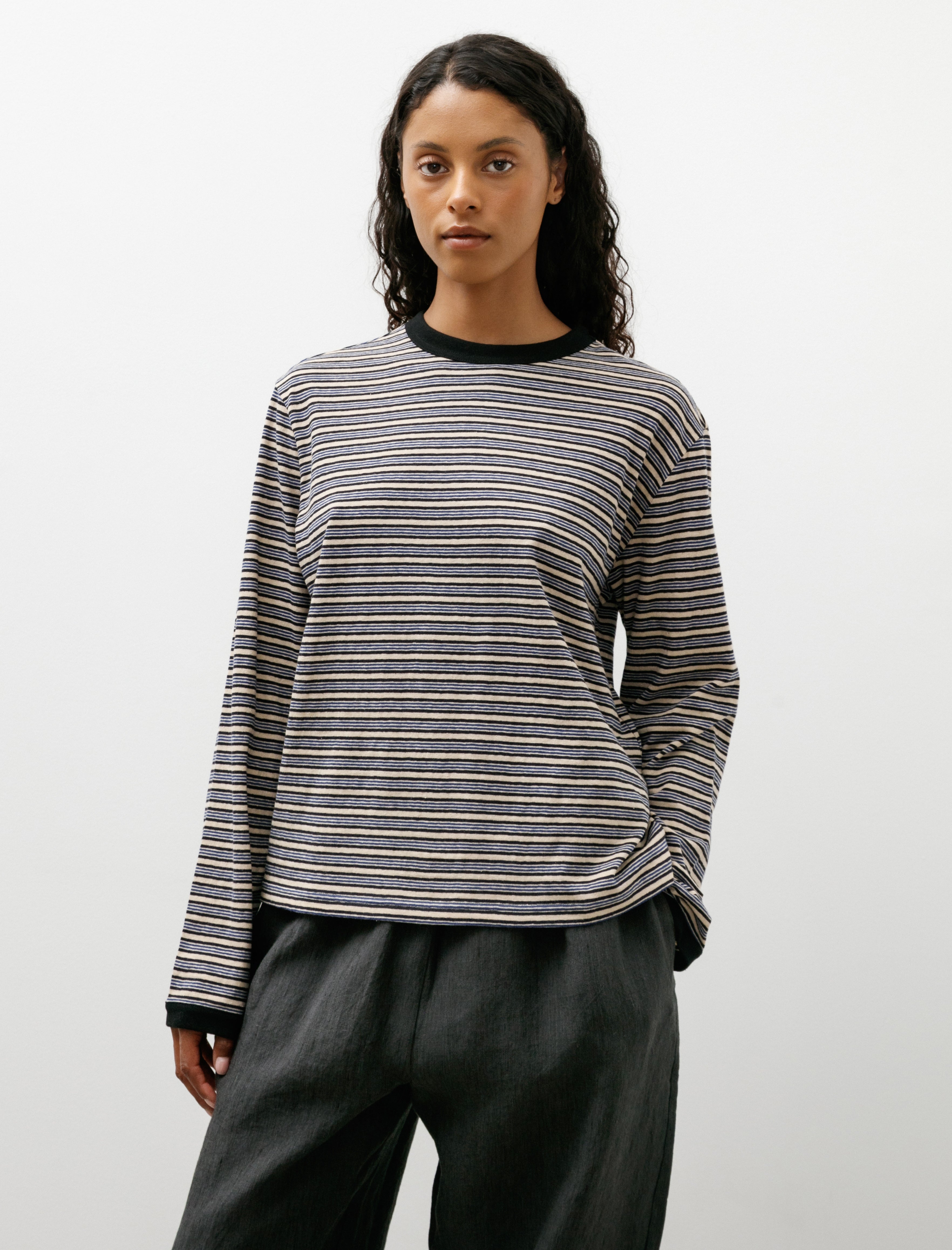 Cawley Japanese Striped Jersey Long Sleeve T-Shirt Blue Stripe