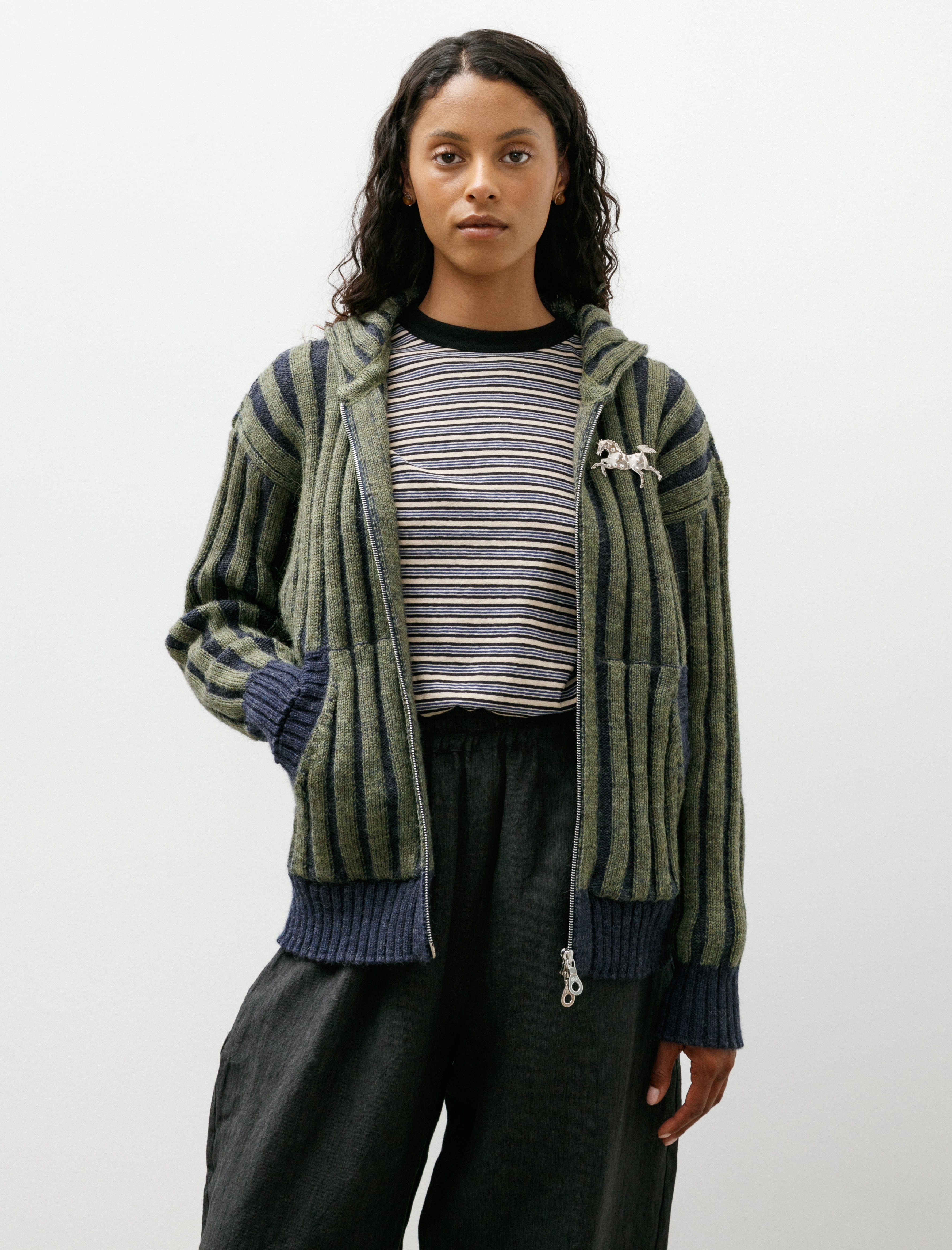 Cawley Brushed British Wool Ribbed Zip Up Hoodie Denim/Apple