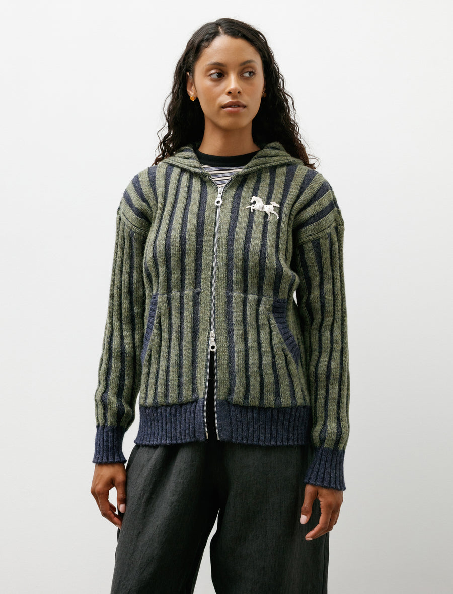 Brushed British Wool Ribbed Zip Up Hoodie Denim/Apple - Image 4