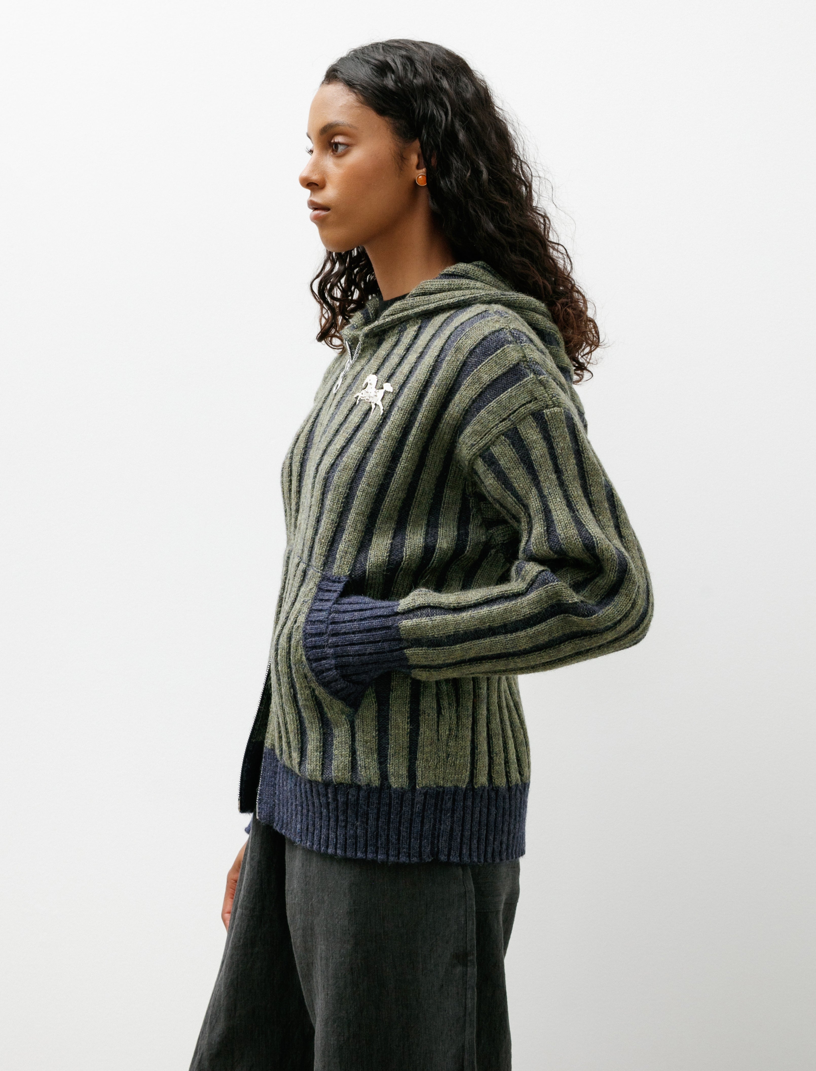 Cawley Brushed British Wool Ribbed Zip Up Hoodie Denim/Apple