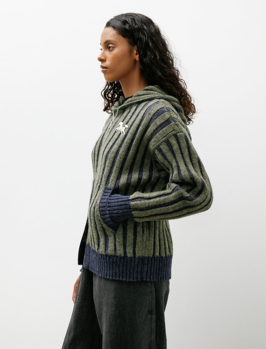 Brushed British Wool Ribbed Zip Up Hoodie Denim/Apple - Image 3