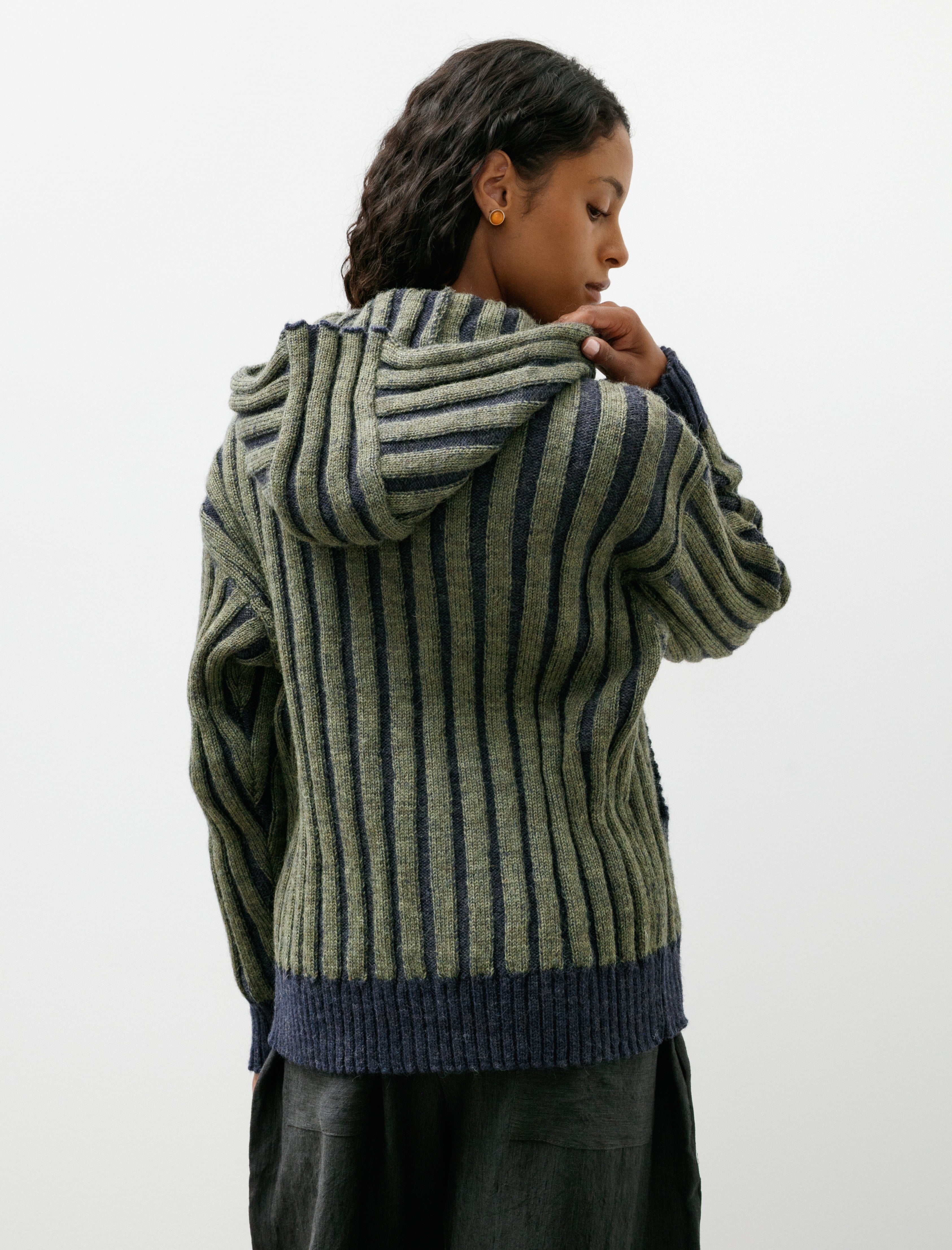 Cawley Brushed British Wool Ribbed Zip Up Hoodie Denim/Apple