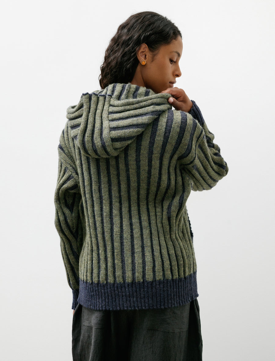 Brushed British Wool Ribbed Zip Up Hoodie Denim/Apple - Image 2