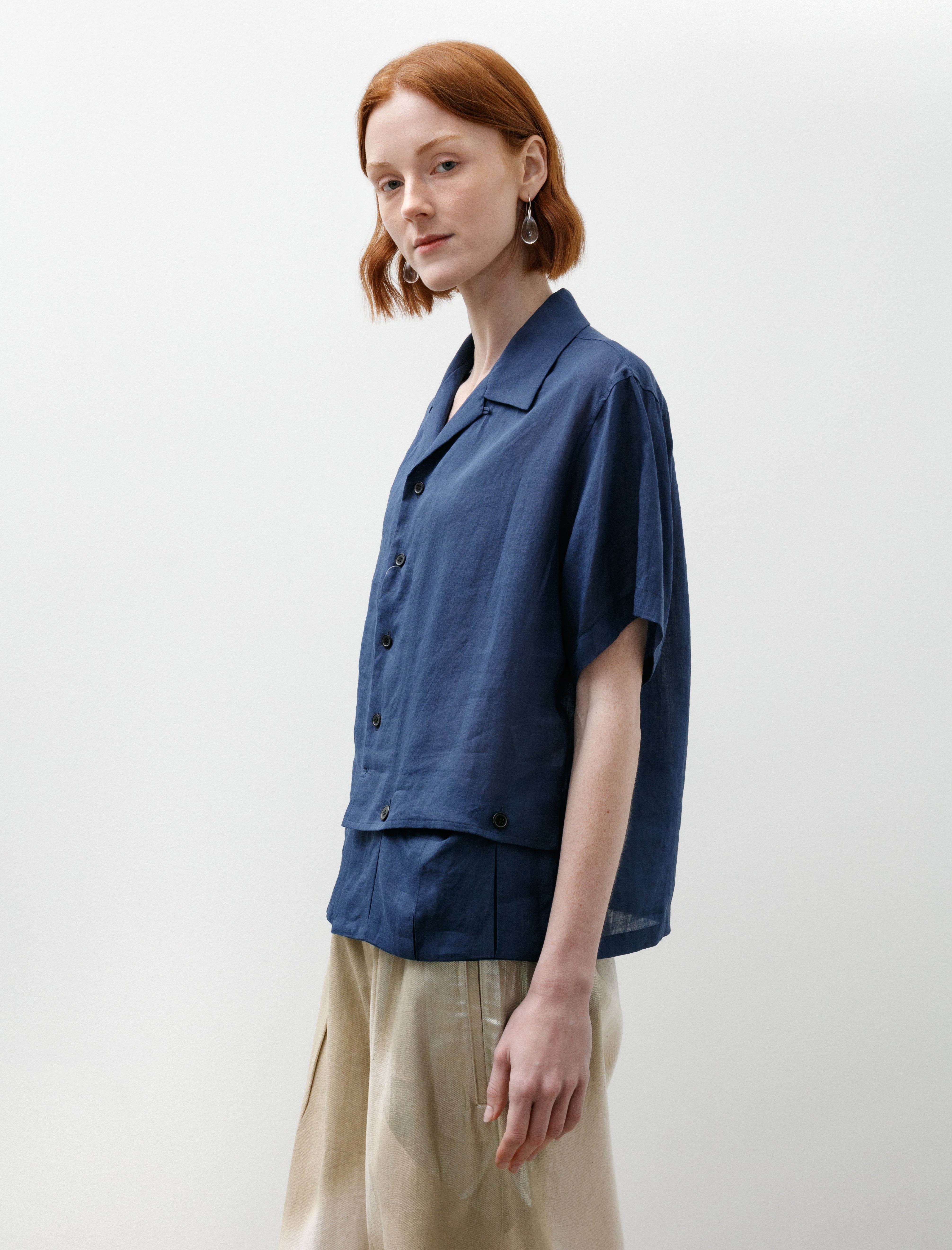 Y's by Yohji Yamamoto Open Collar Short Sleeve Blouse Navy