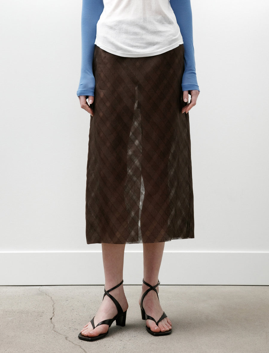 Sheer Silk Cotton Cut Jacquard Pencil Skirt Dark Brown - Image 2