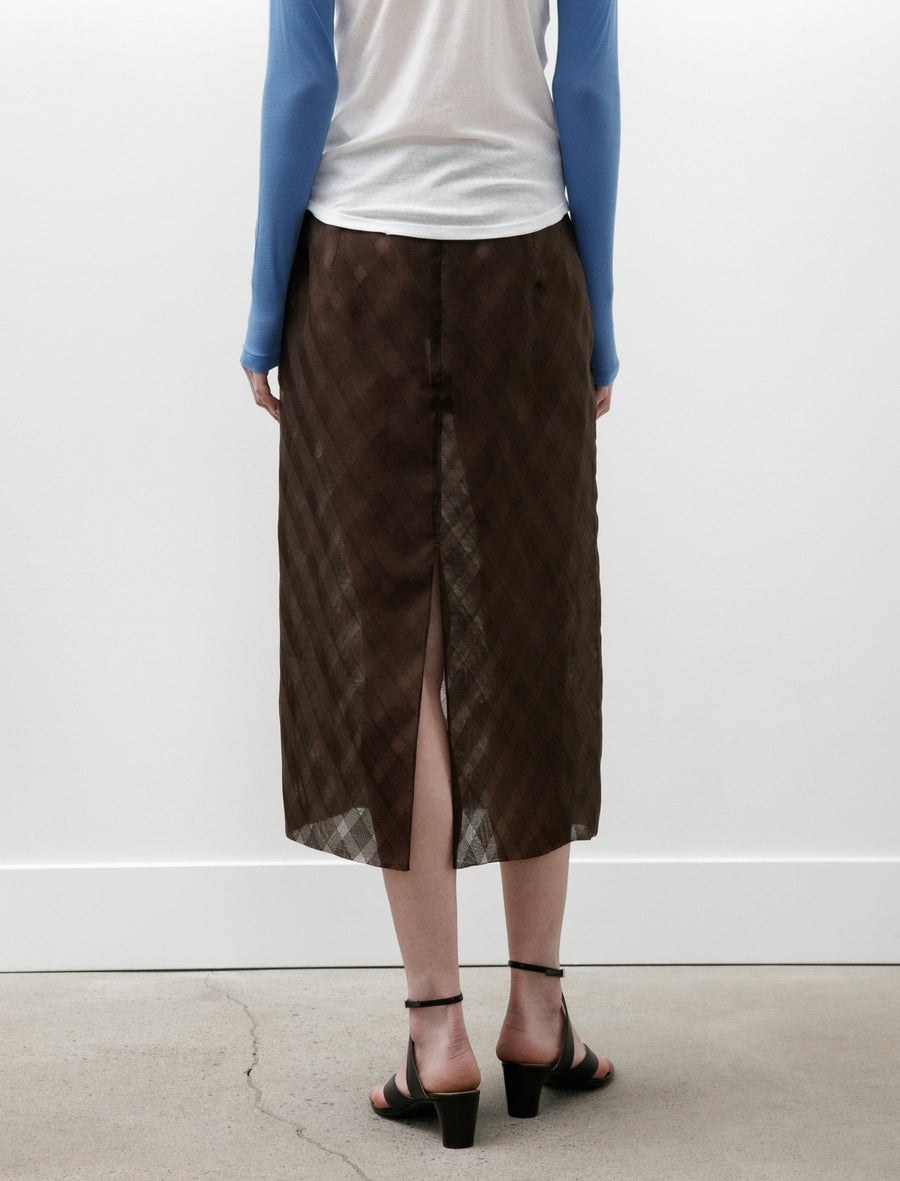 Sheer Silk Cotton Cut Jacquard Pencil Skirt Dark Brown - Image 6