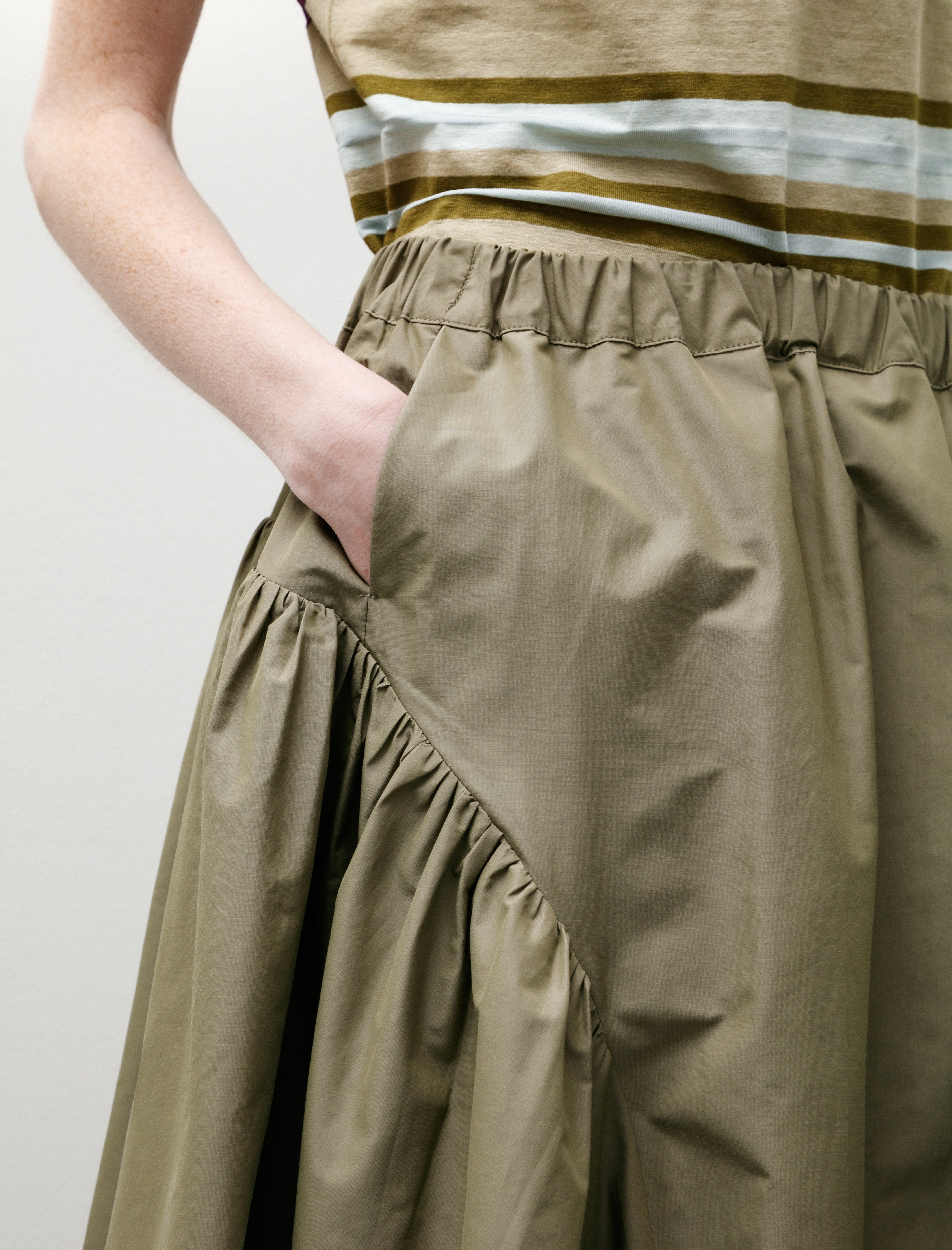 Wanze Easy Gathered Skirt Cotton Nylon Khaki Green