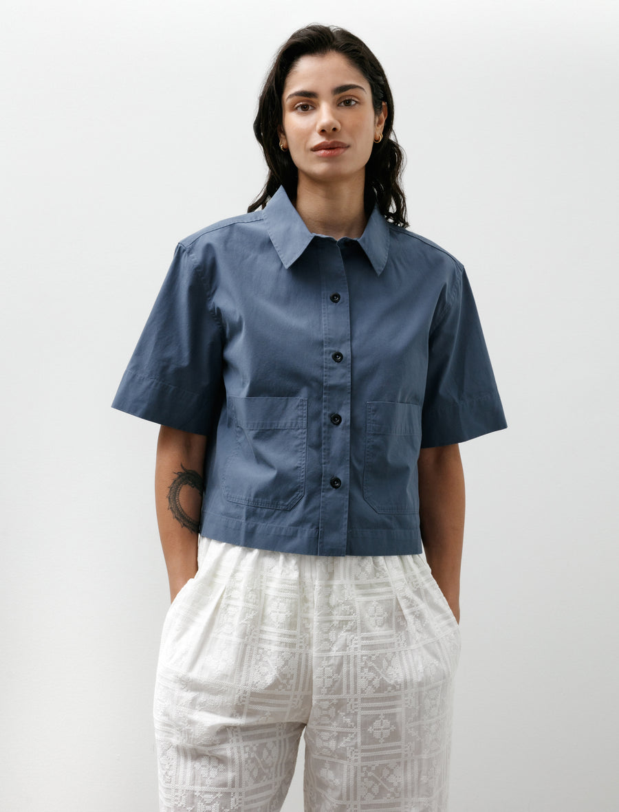 MHL Cropped Uniform Shirt Sanded Cotton Poplin Uniform Blue - Image 1