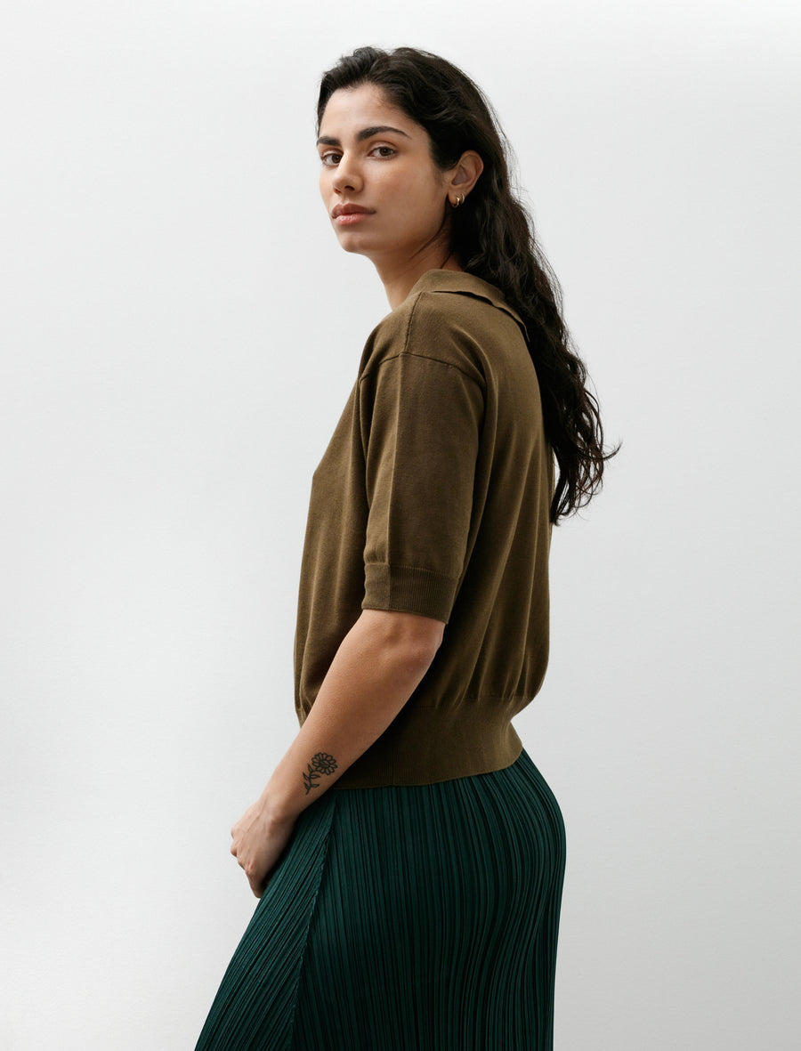Collared T-Shirt Fine Cotton Linen Olive - Image 3
