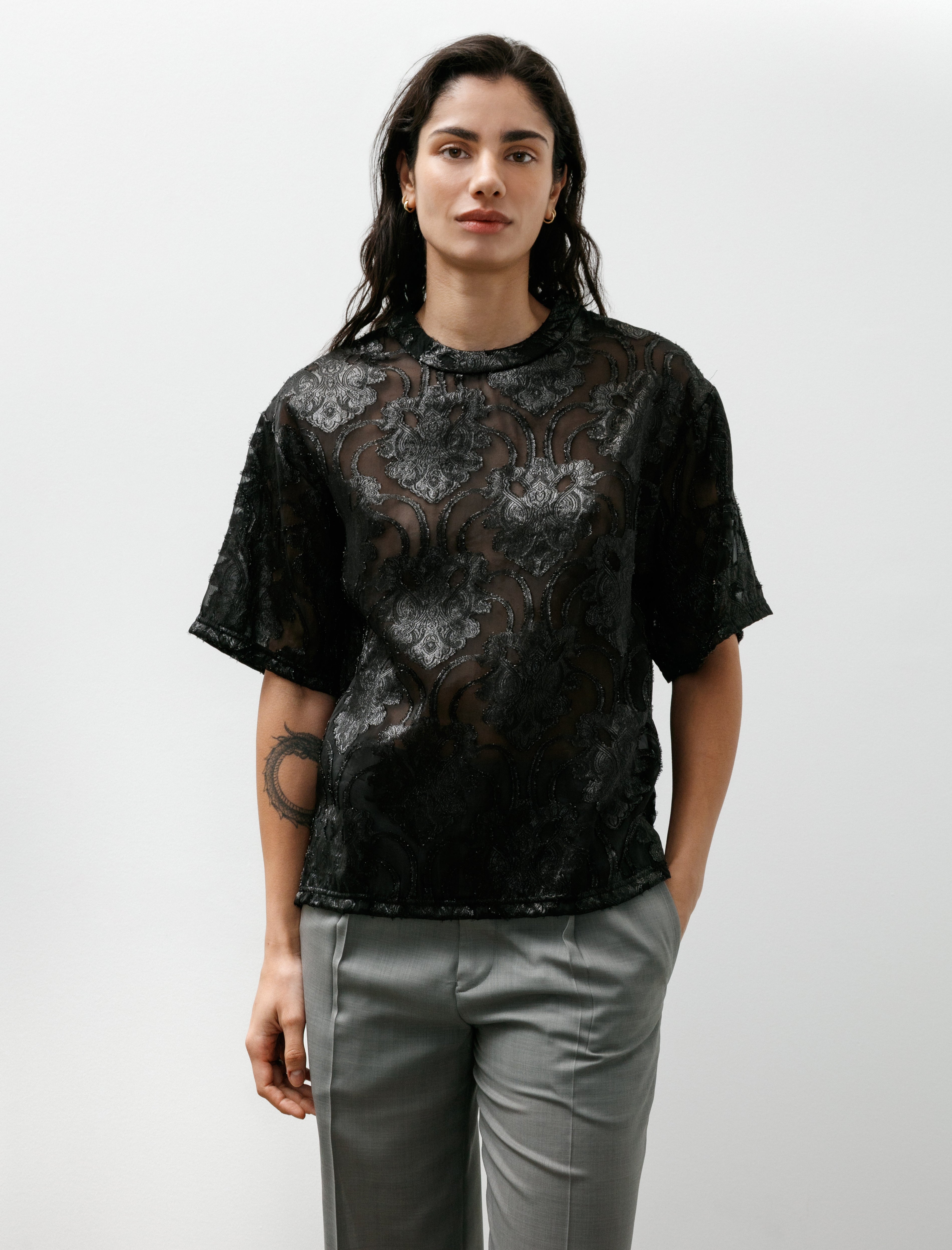 Kanako Sakai Sheer Jacquard T-Shirt Black