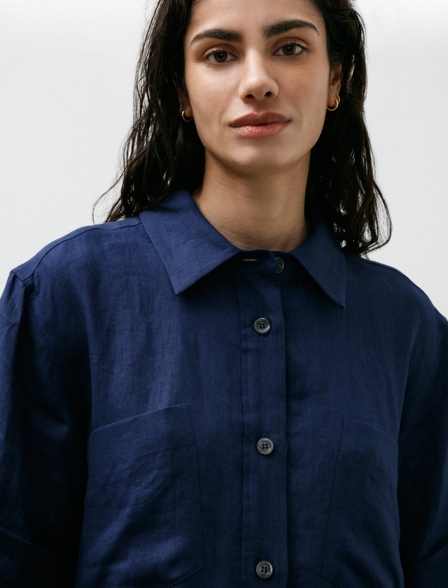 トップス MARGARET HOWELL SHIRTING LINEN S/S Shirt Margaret Howell Short Sleeve Shirt Dress Shirting Linen Deep Blue